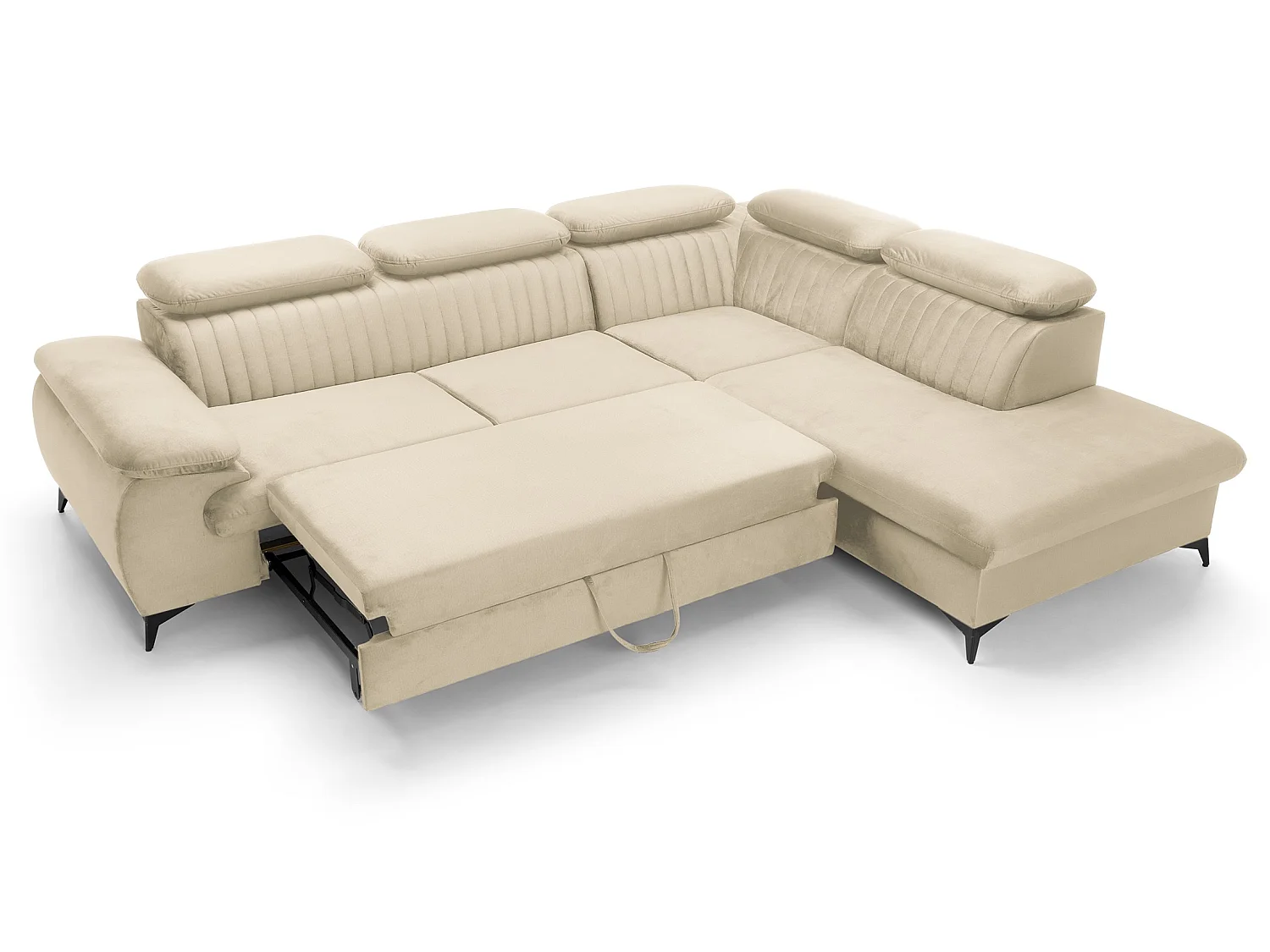 Hoekbank 275x221 cm Xanto L, verstelbare hoofdsteunen, slaapfunctie en opbergruimte, rechts, Crème