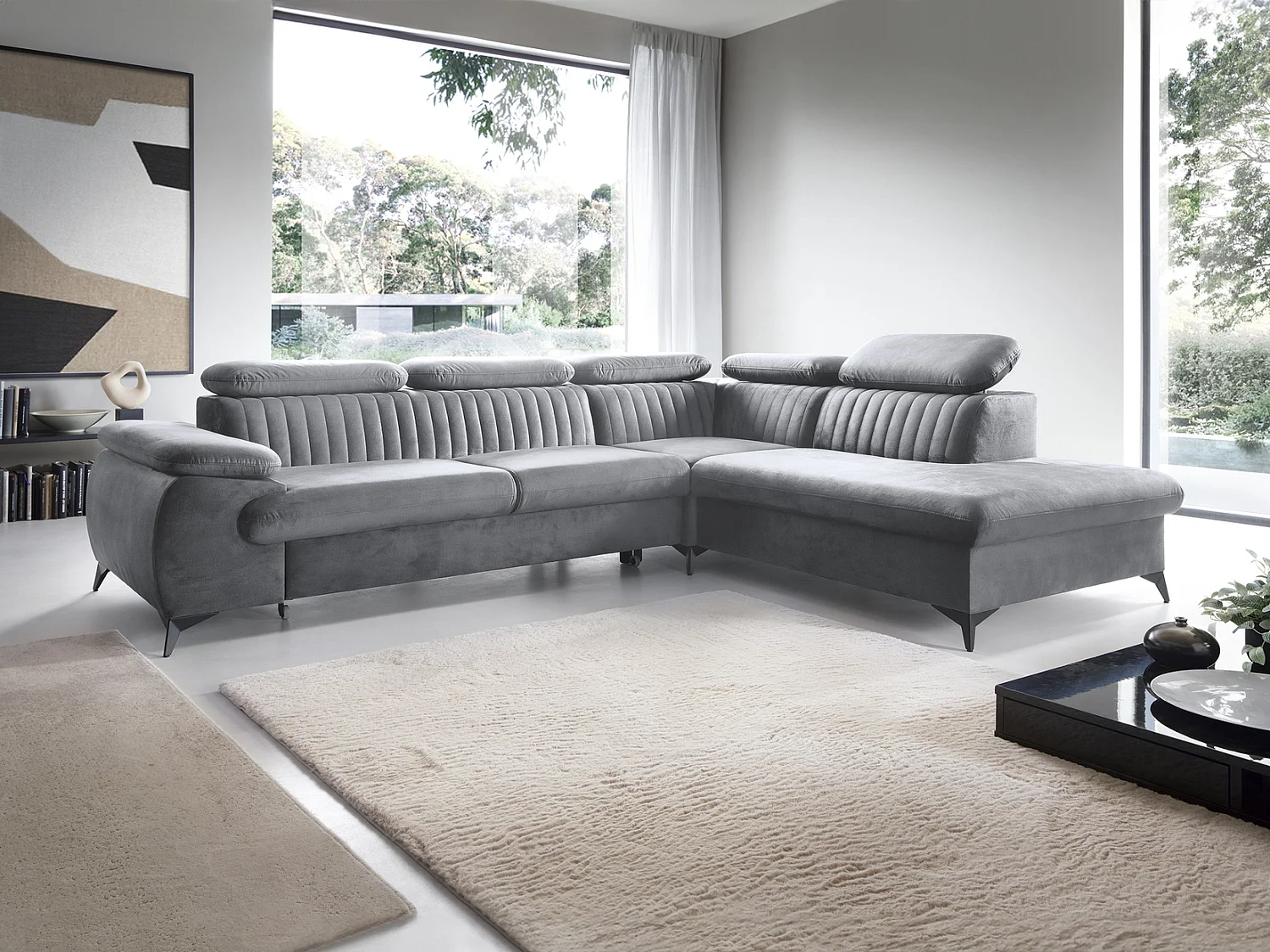 Hoekbank 275x221 cm Xanto L, verstelbare hoofdsteunen, slaapfunctie en opbergruimte, rechts, Grijs