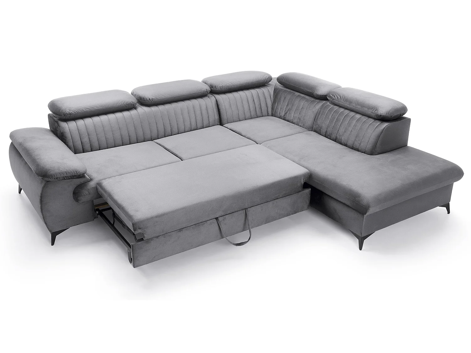 Hoekbank 275x221 cm Xanto L, verstelbare hoofdsteunen, slaapfunctie en opbergruimte, rechts, Grijs