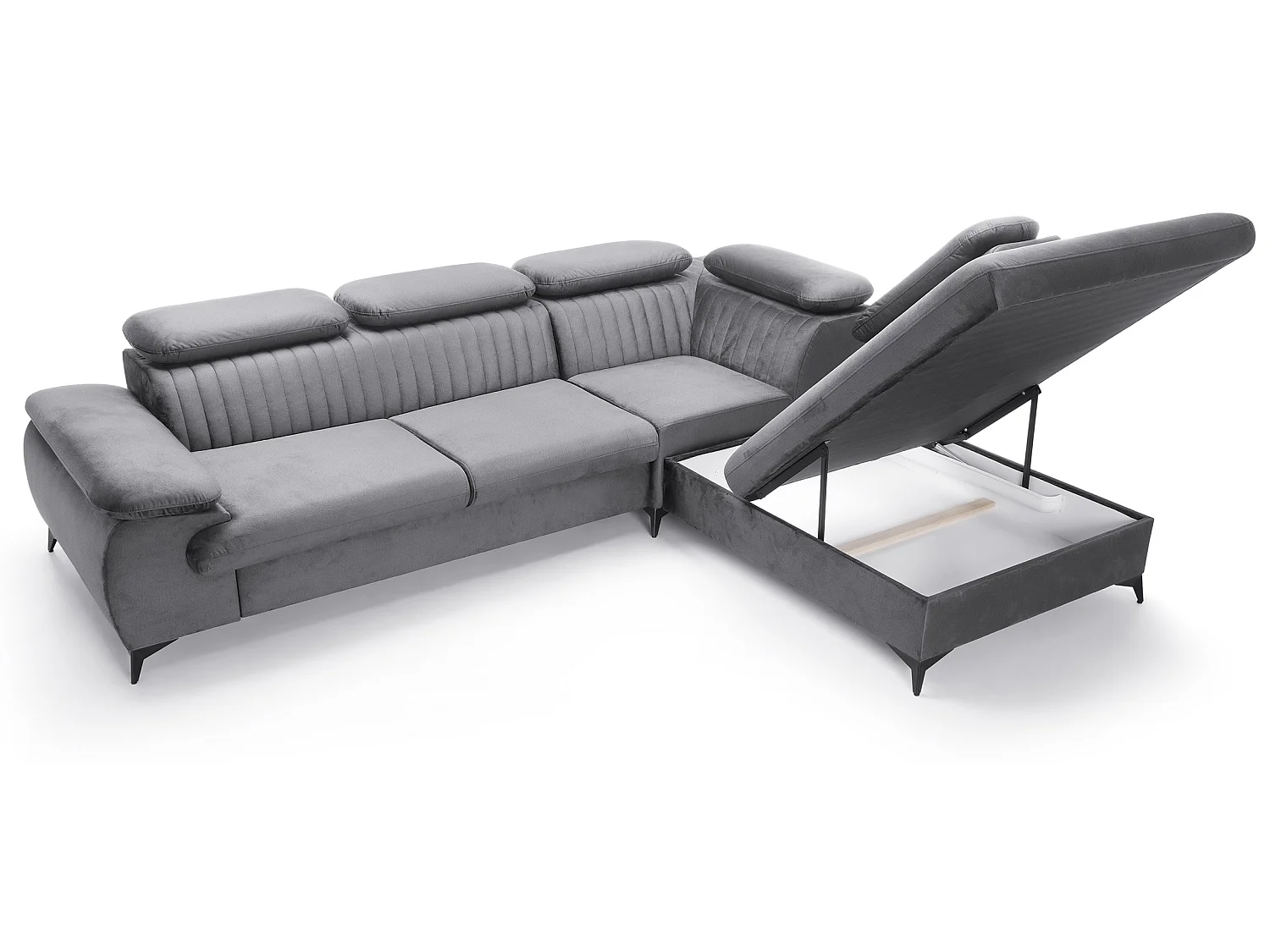 Hoekbank 275x221 cm Xanto L, verstelbare hoofdsteunen, slaapfunctie en opbergruimte, rechts, Grijs