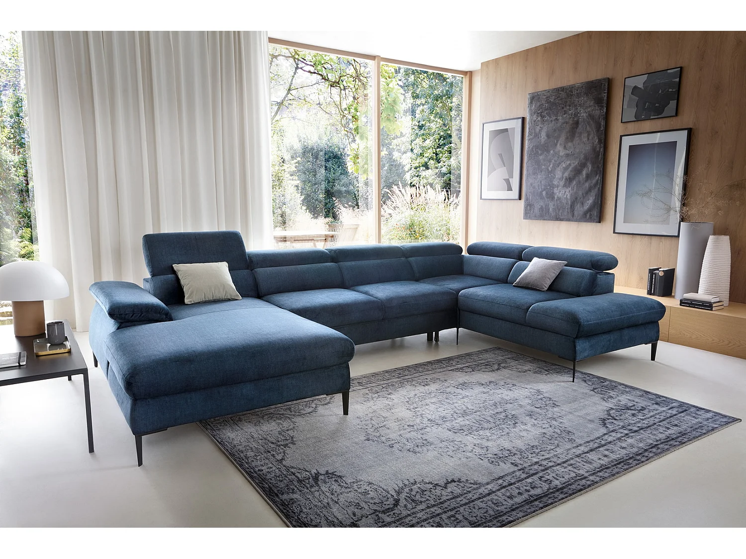 Canapé d'angle en U convertible 350 cm Amaro, tissu velours, têtières réglables - coffre, gauche, Bleu
