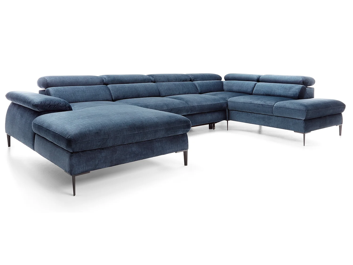 Canapé d'angle en U convertible 350 cm Amaro, tissu velours, têtières réglables - coffre, gauche, Bleu
