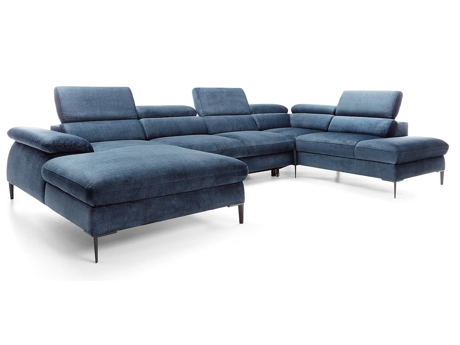 Canapé d'angle en U convertible 350 cm Amaro, tissu velours, têtières réglables - coffre, gauche, Bleu