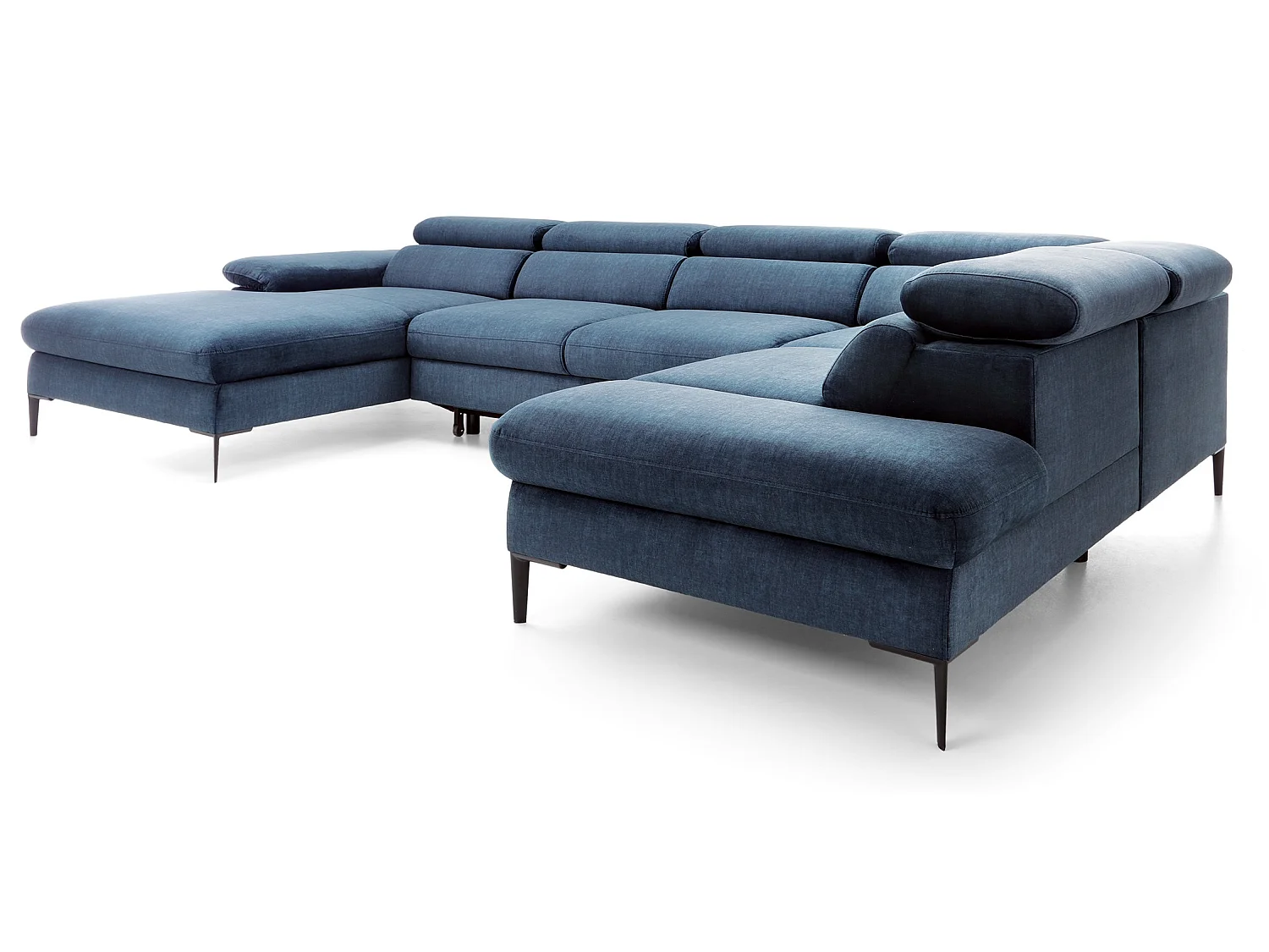Canapé d'angle en U convertible 350 cm Amaro, tissu velours, têtières réglables - coffre, gauche, Bleu
