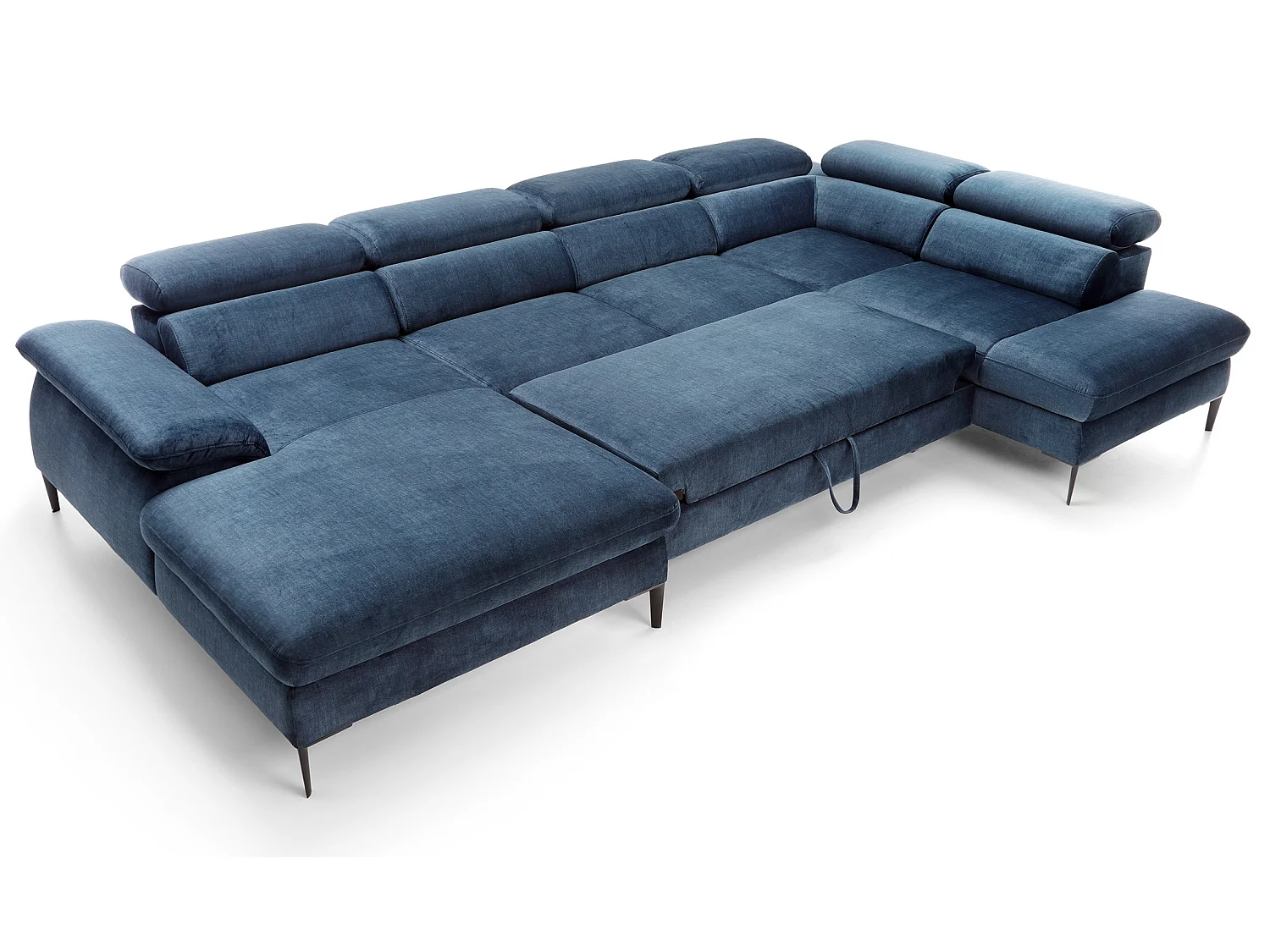 Canapé d'angle en U convertible 350 cm Amaro, tissu velours, têtières réglables - coffre, gauche, Bleu