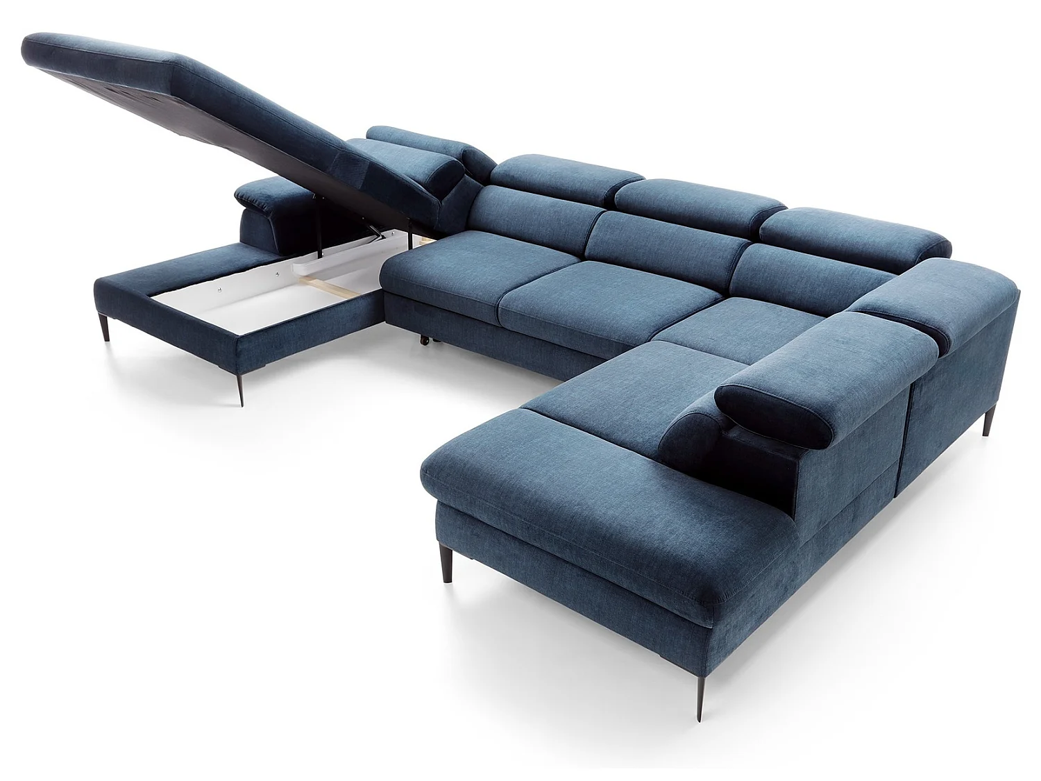 Canapé d'angle en U convertible 350 cm Amaro, tissu velours, têtières réglables - coffre, gauche, Bleu