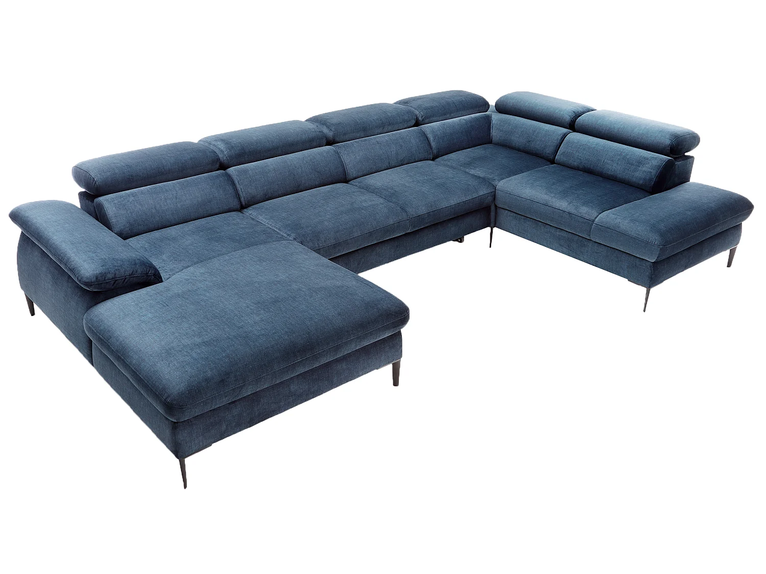 Canapé d'angle en U convertible 350 cm Amaro, tissu velours, têtières réglables - coffre, gauche, Bleu