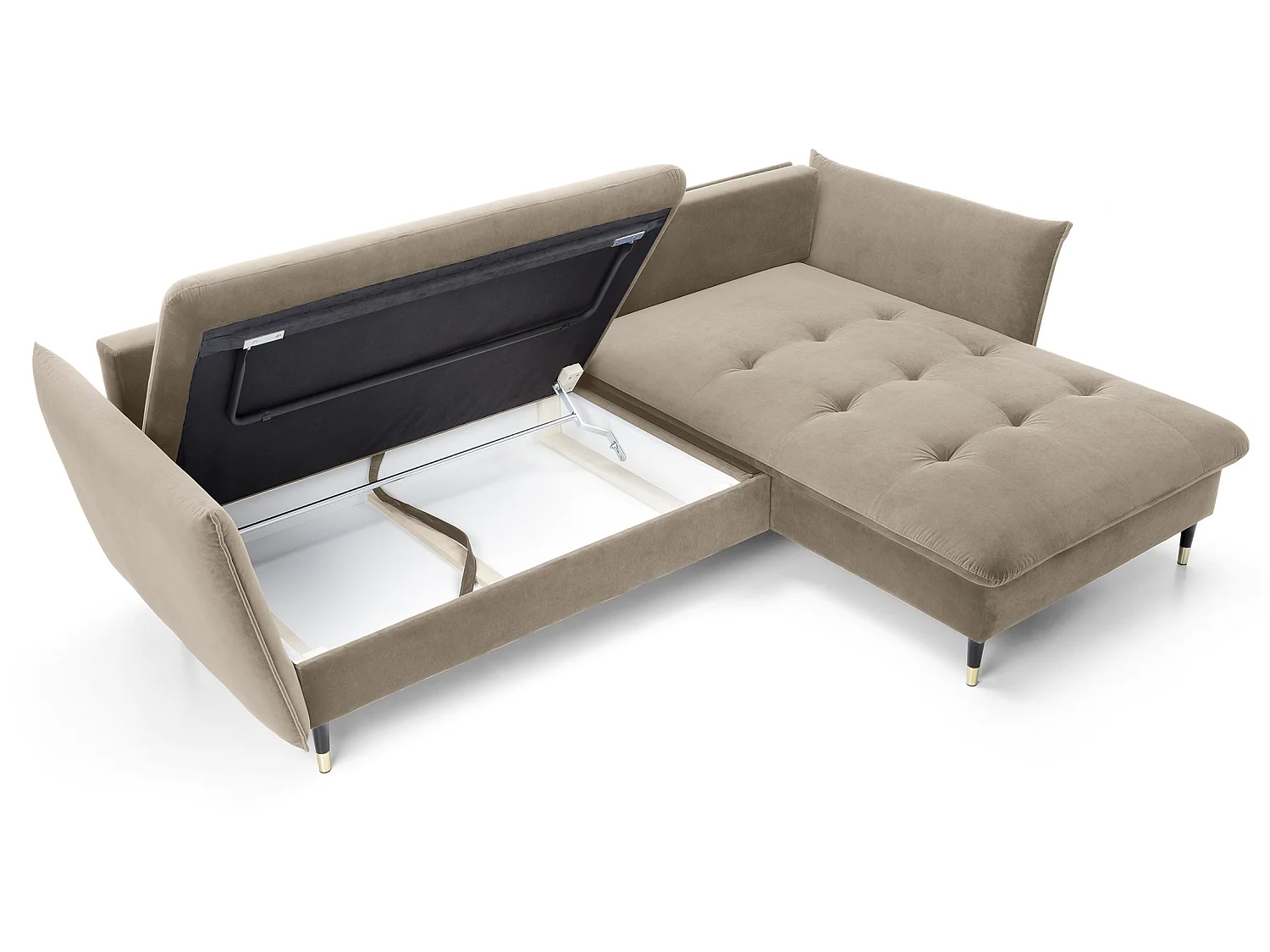 Canapé d’angle convertible 258x167 cm Sagir sur pieds hauts, angle à droite, coffre de rangement, Marron