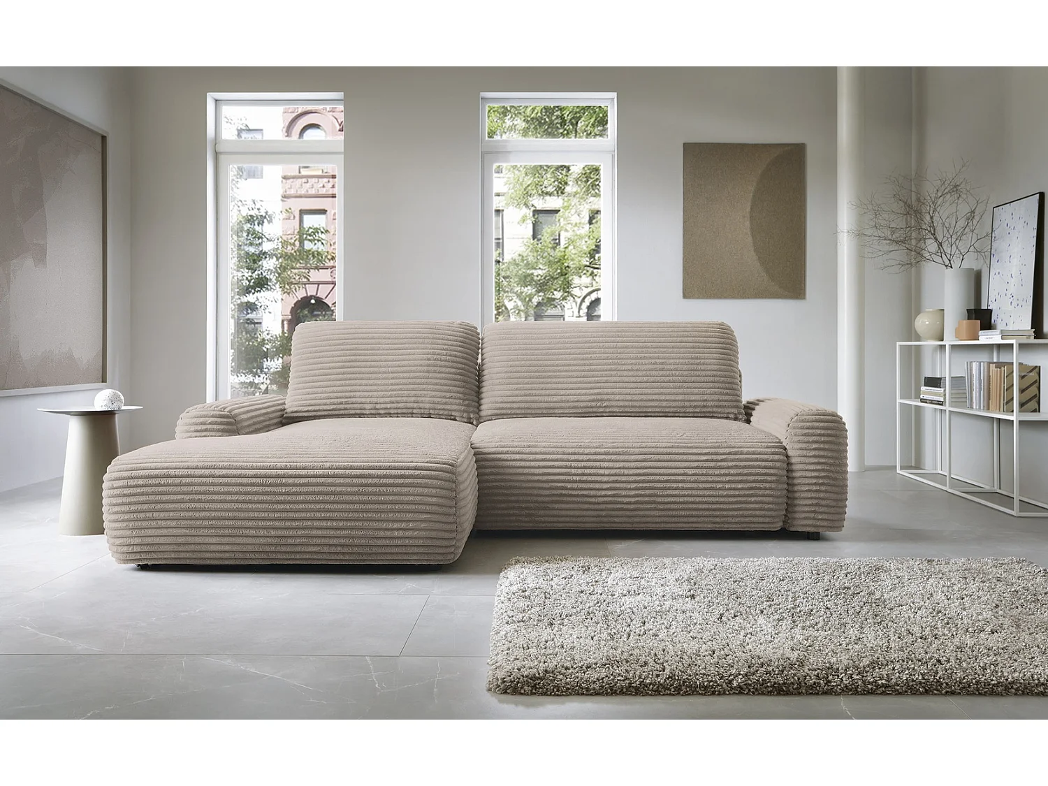 Canapé d'angle convertible 260 cm Cantara, tissu en velours côtelé, coffre de rangement, gauche, Marron clair