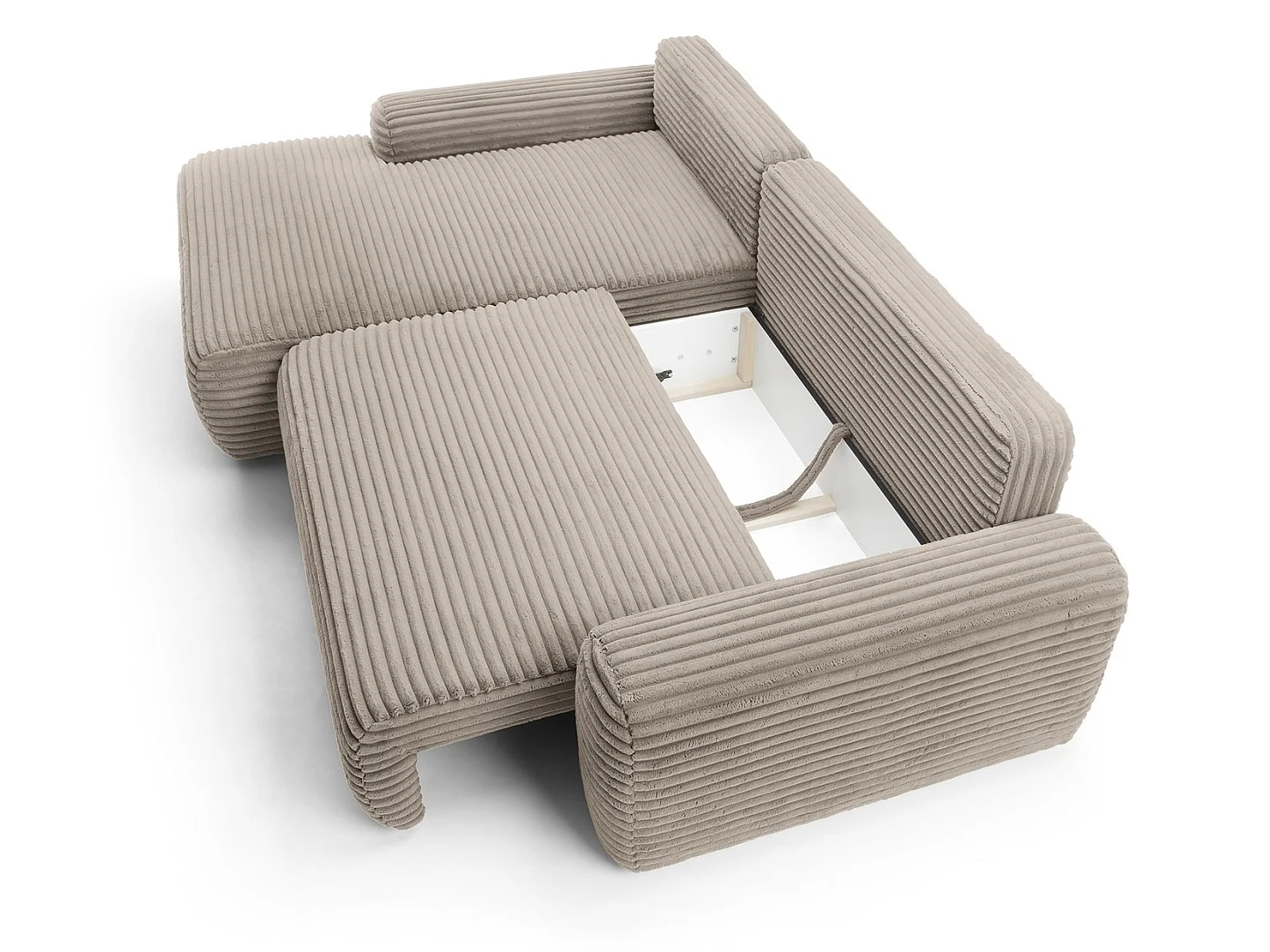 Canapé d'angle convertible 260 cm Cantara, tissu en velours côtelé, coffre de rangement, gauche, Marron clair