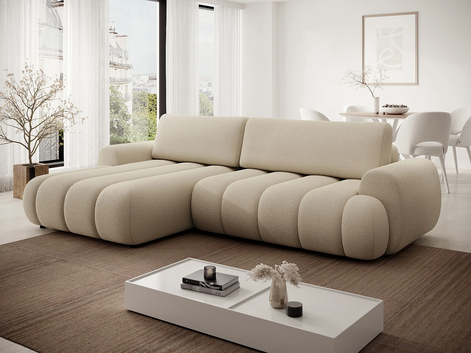 Hoekbank 270 cm Puro, modern design, slaapfunctie en opbergruimte, 5-zits, linkerhoek, Beige