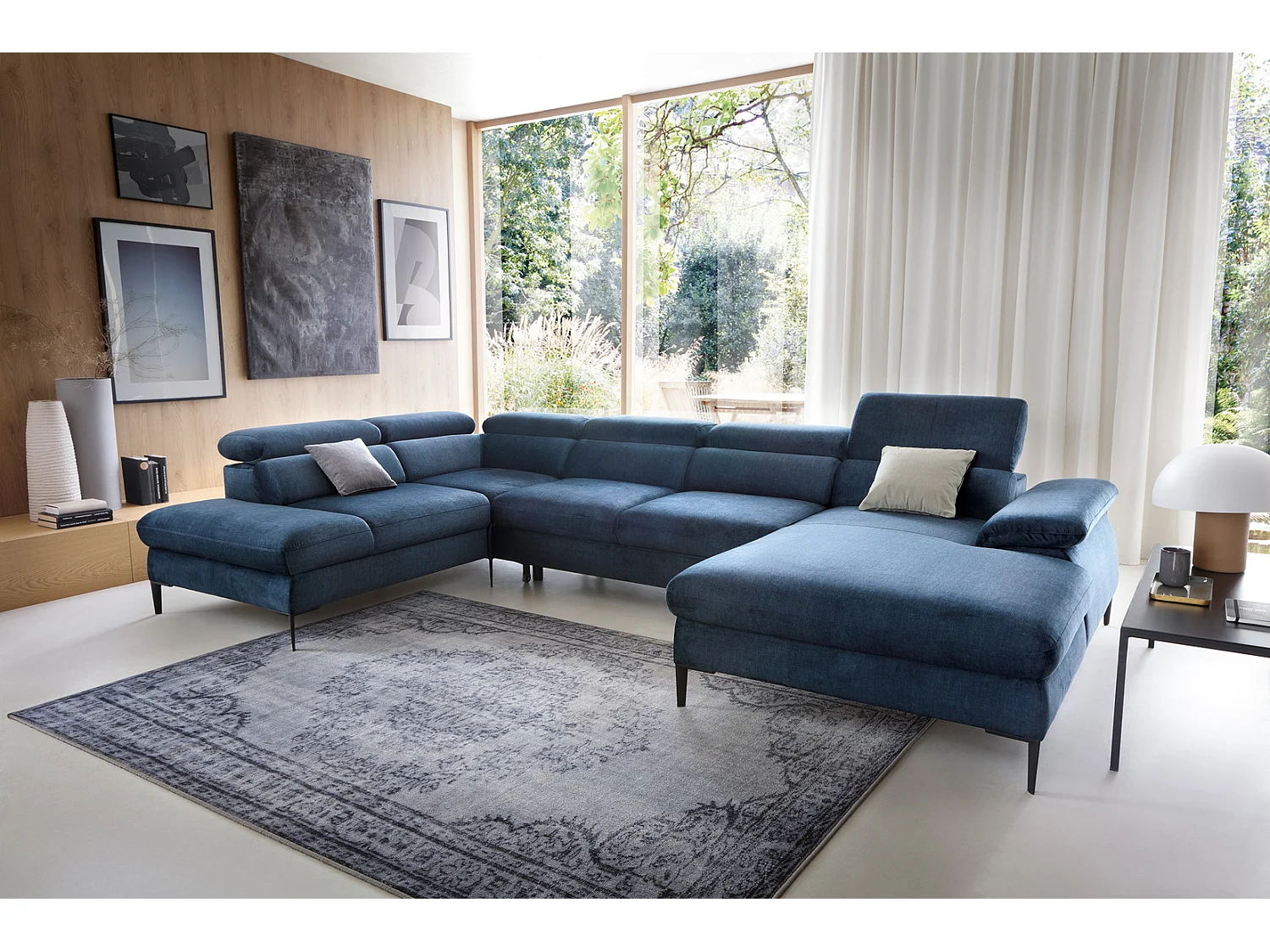 Canapé d'angle en U convertible 350 cm Amaro, tissu velours, têtières réglables - coffre, droite, Bleu