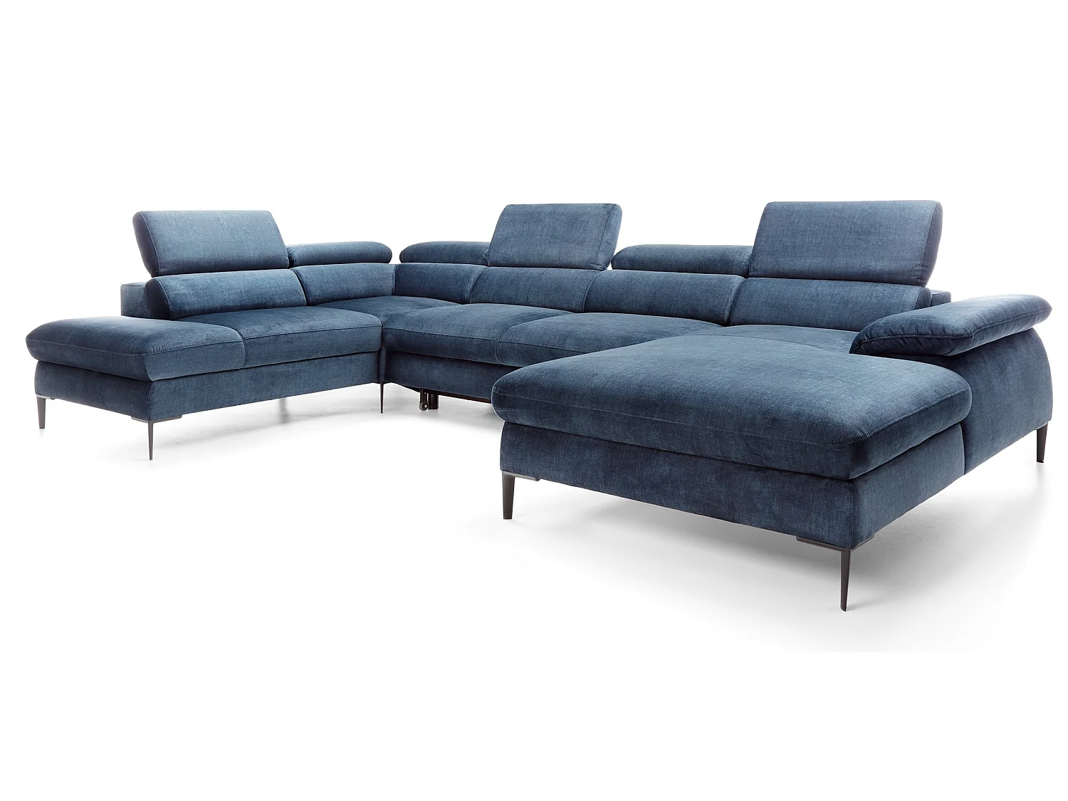 Canapé d'angle en U convertible 350 cm Amaro, tissu velours, têtières réglables - coffre, droite, Bleu