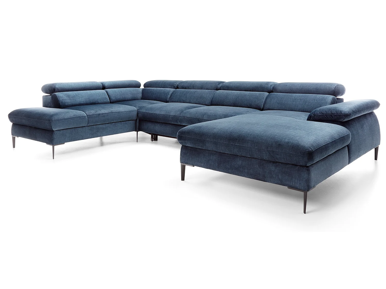 Canapé d'angle en U convertible 350 cm Amaro, tissu velours, têtières réglables - coffre, droite, Bleu