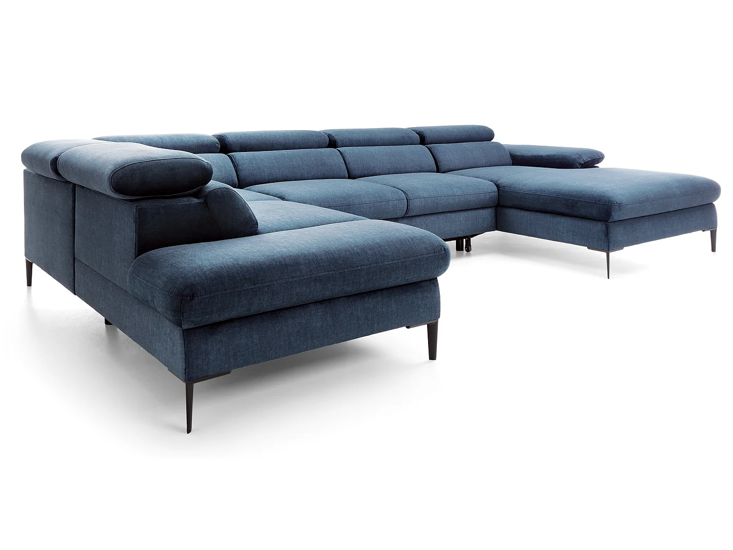 Canapé d'angle en U convertible 350 cm Amaro, tissu velours, têtières réglables - coffre, droite, Bleu
