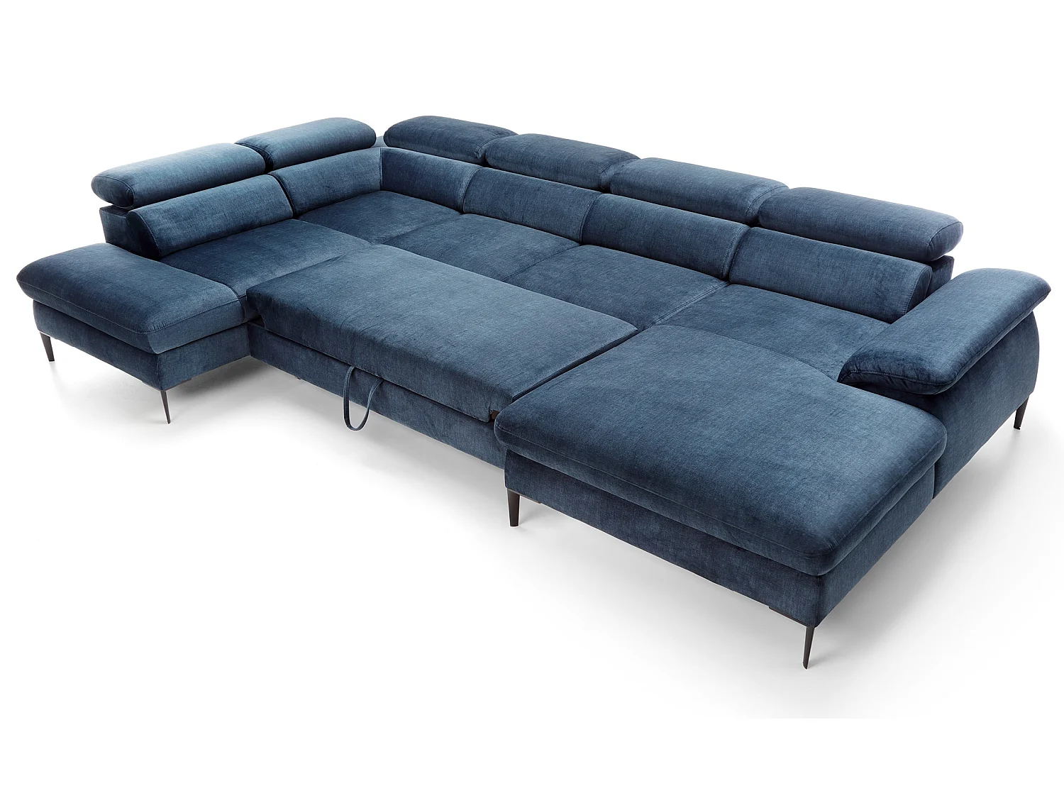 Canapé d'angle en U convertible 350 cm Amaro, tissu velours, têtières réglables - coffre, droite, Bleu