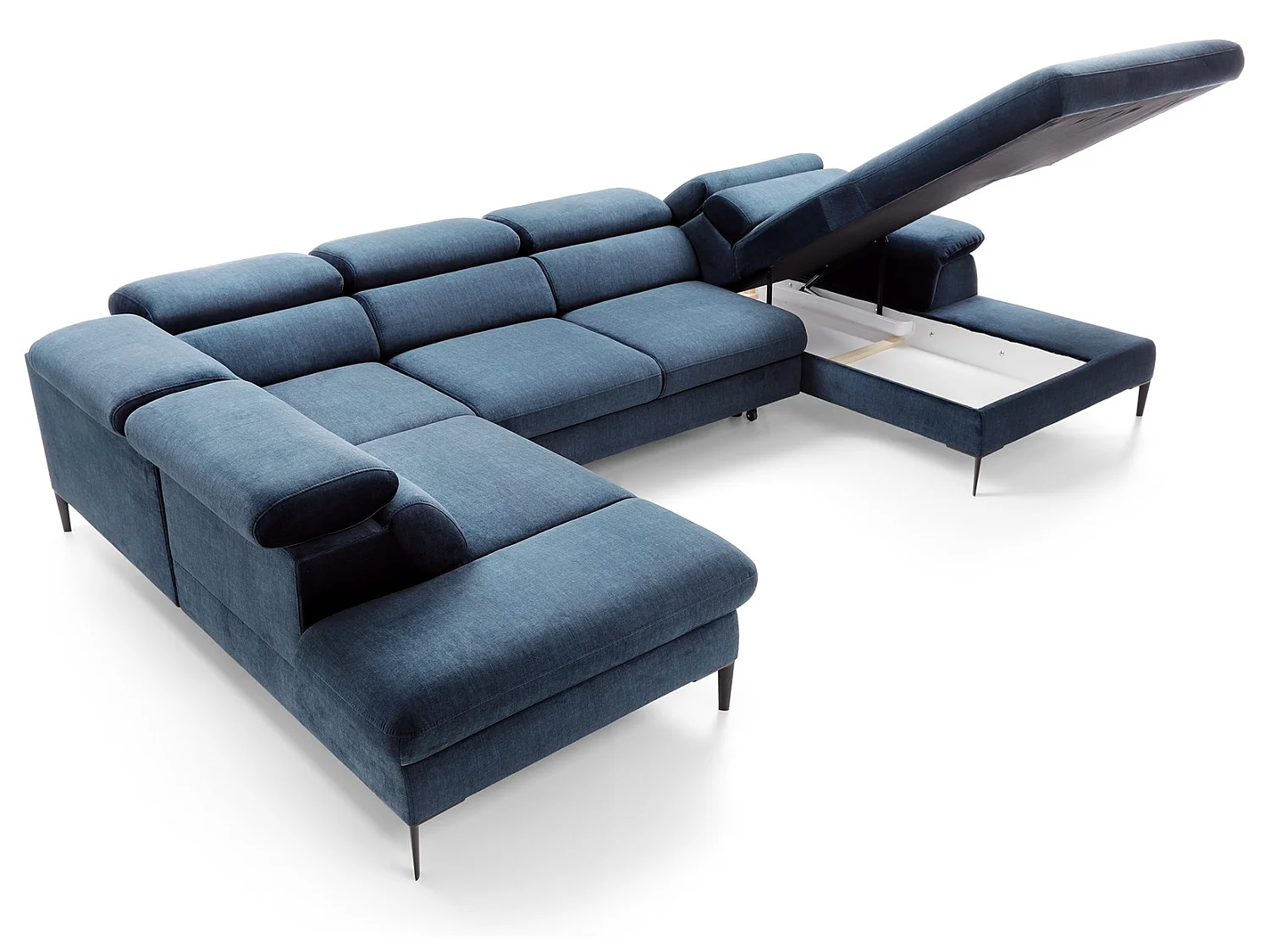 Canapé d'angle en U convertible 350 cm Amaro, tissu velours, têtières réglables - coffre, droite, Bleu