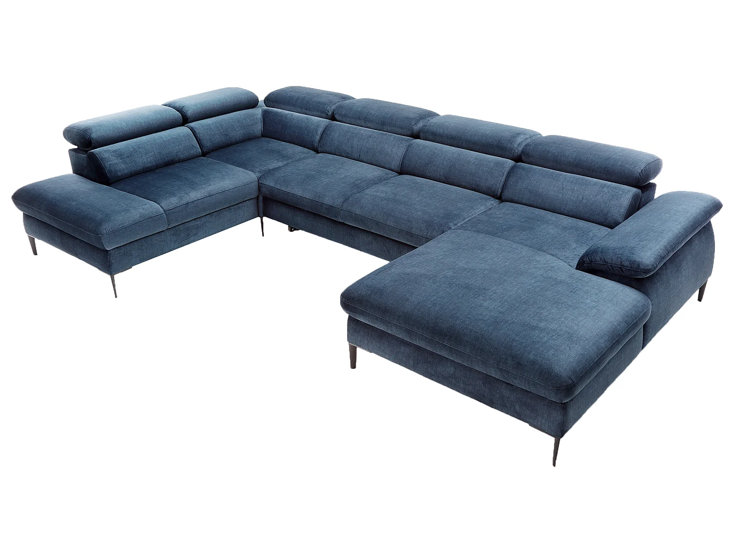 Canapé d'angle en U convertible 350 cm Amaro, tissu velours, têtières réglables - coffre, droite, Bleu