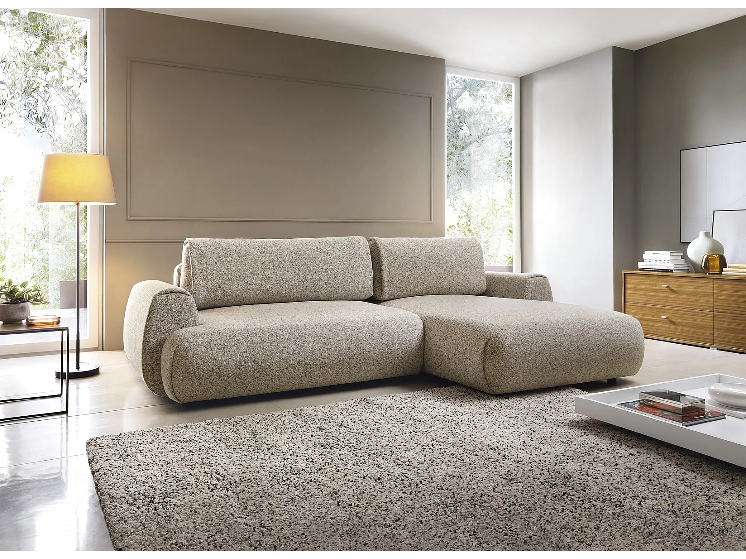 Canapé d'angle avec rangement 270 cm Ralto, style moderne, 5 places, droite, Beige