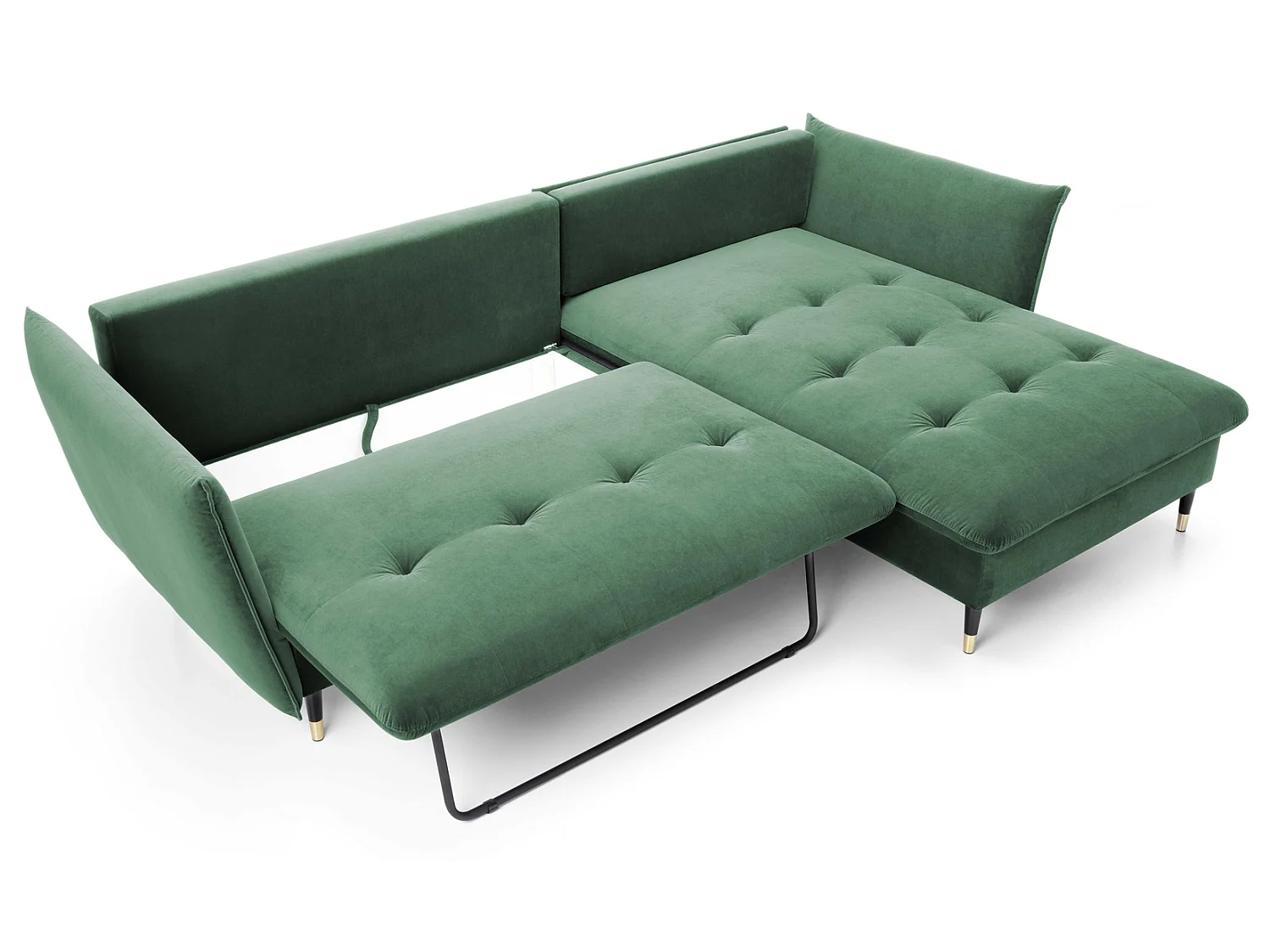 Canapé d’angle convertible 258x167 cm Sagir sur pieds hauts, angle à droite, coffre de rangement, Vert