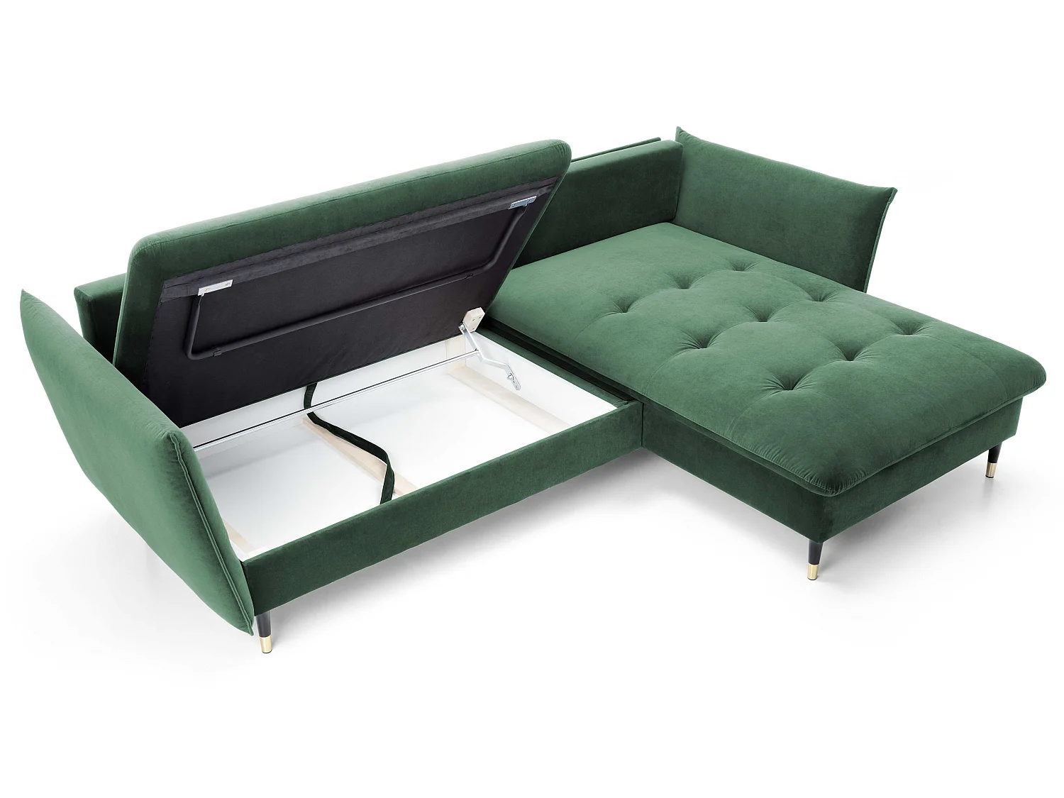 Canapé d’angle convertible 258x167 cm Sagir sur pieds hauts, angle à droite, coffre de rangement, Vert