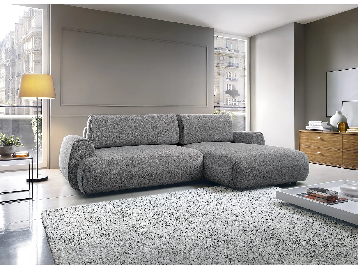 Canapé d'angle avec rangement 270 cm Ralto, style moderne, 5 places, droite, Gris