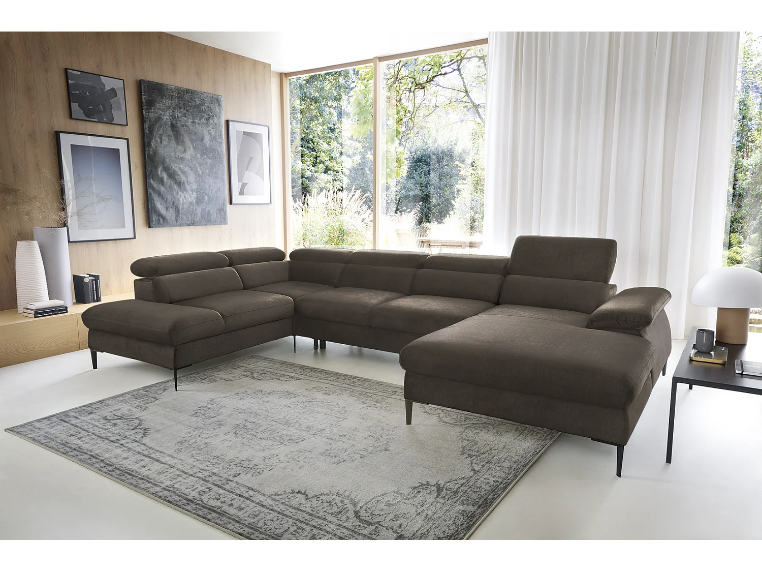 Canapé d'angle en U convertible 350 cm Amaro, tissu velours, têtières réglables - coffre, droite, Marron
