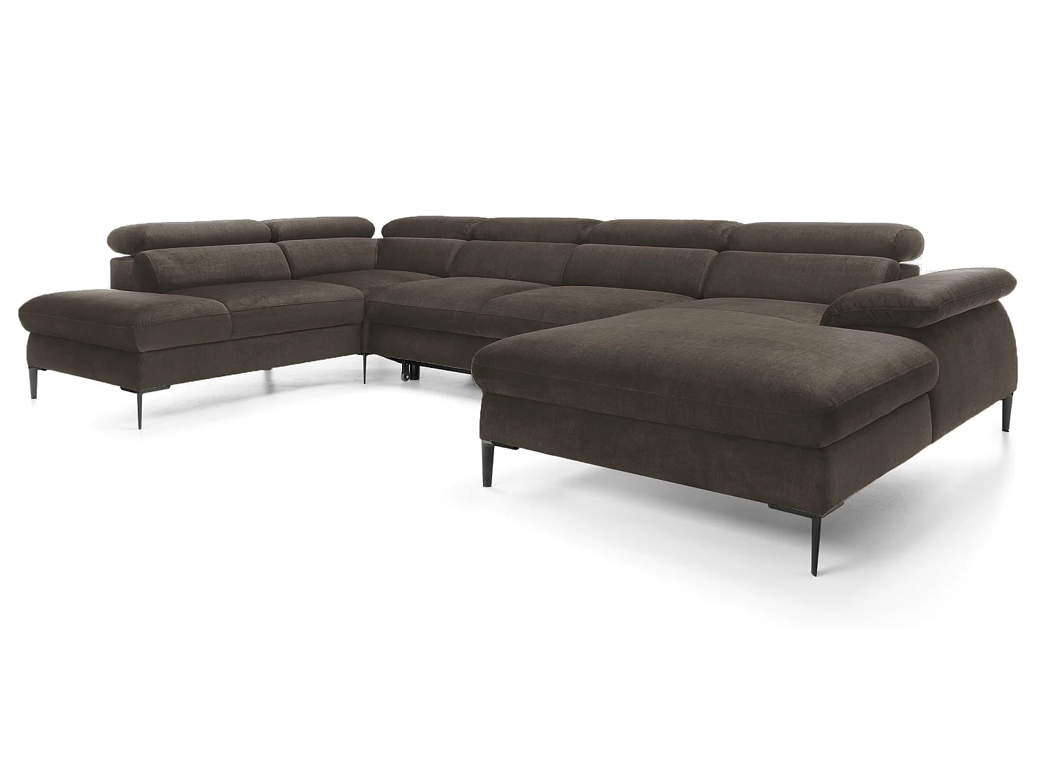 Canapé d'angle en U convertible 350 cm Amaro, tissu velours, têtières réglables - coffre, droite, Marron