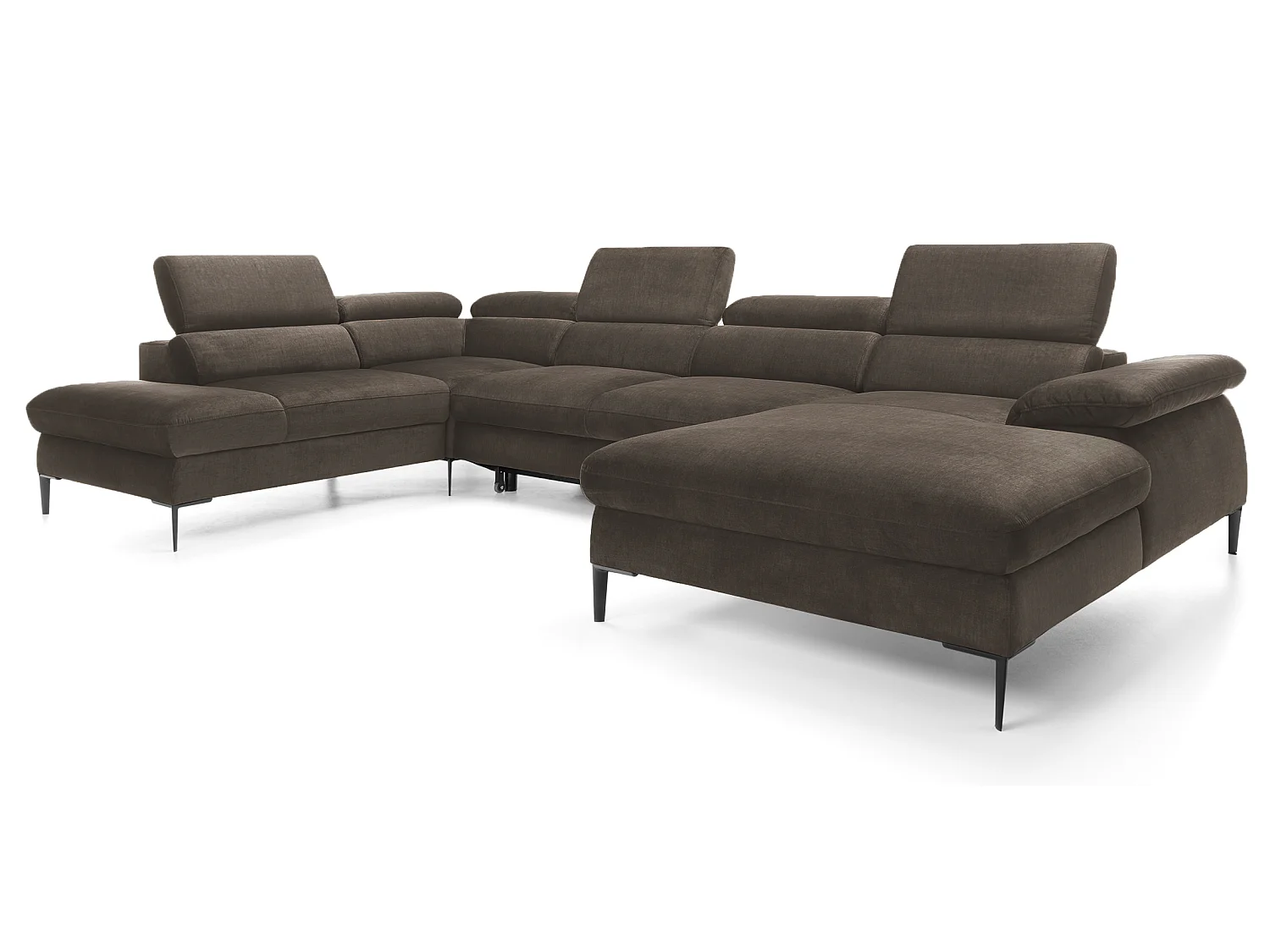 Canapé d'angle en U convertible 350 cm Amaro, tissu velours, têtières réglables - coffre, droite, Marron