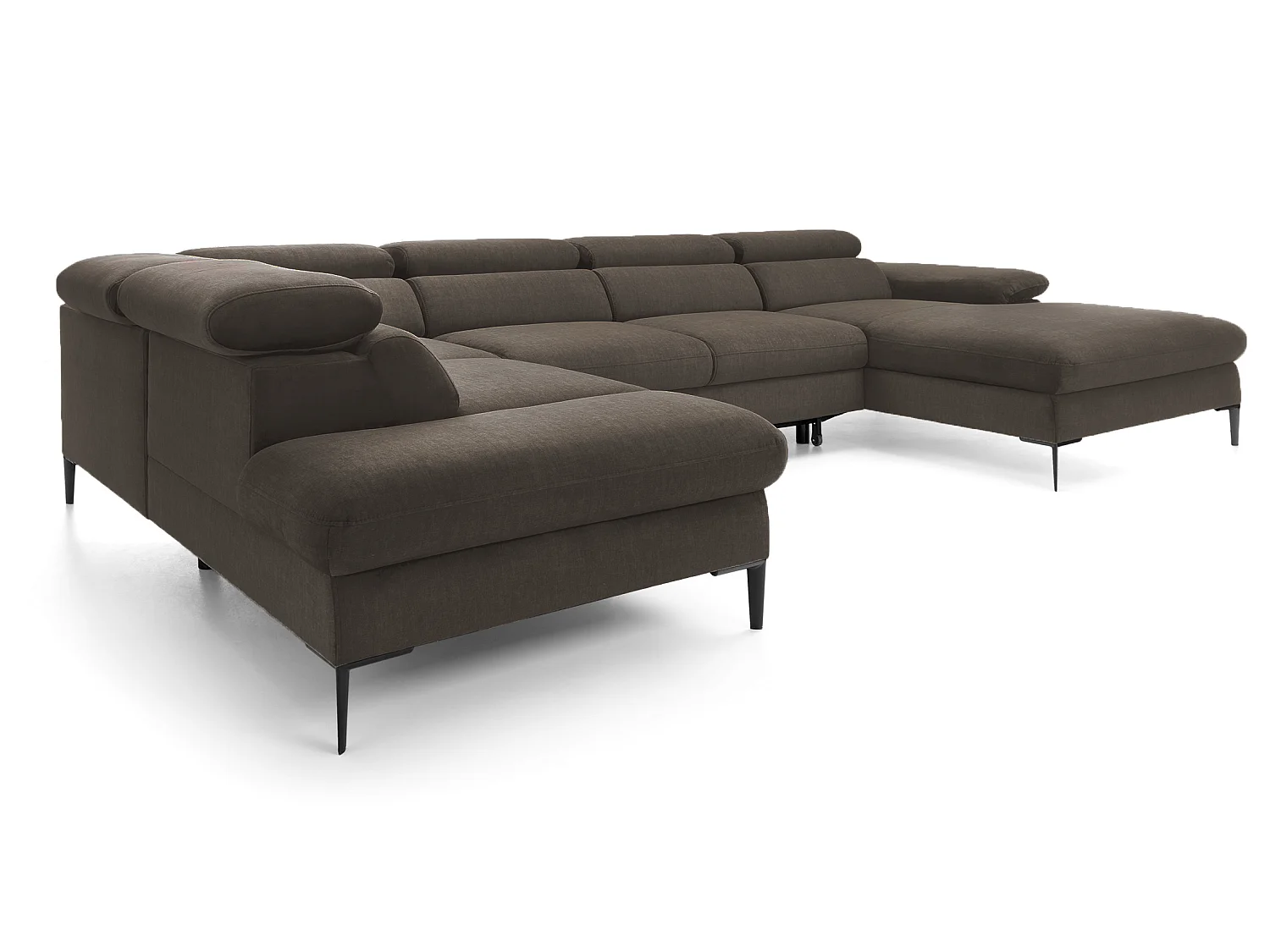 Canapé d'angle en U convertible 350 cm Amaro, tissu velours, têtières réglables - coffre, droite, Marron