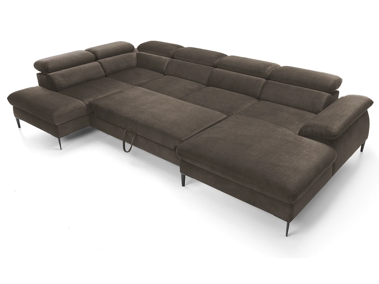 Canapé d'angle en U convertible 350 cm Amaro, tissu velours, têtières réglables - coffre, droite, Marron