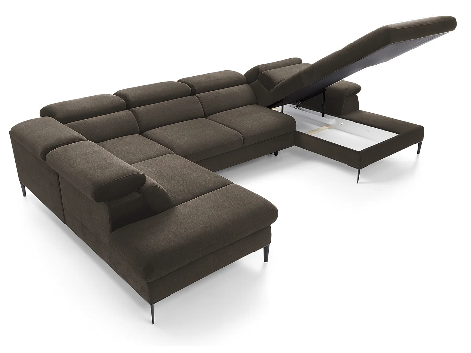 Canapé d'angle en U convertible 350 cm Amaro, tissu velours, têtières réglables - coffre, droite, Marron