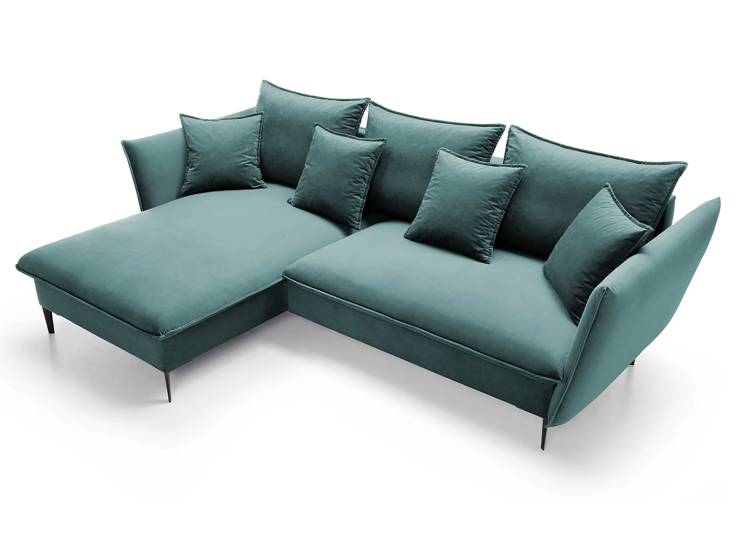 Hoekbank met slaapfunctie 260 cm Flavio, op hoge poten, fluweelzachte stof, opbergruimte, links, Turquoise
