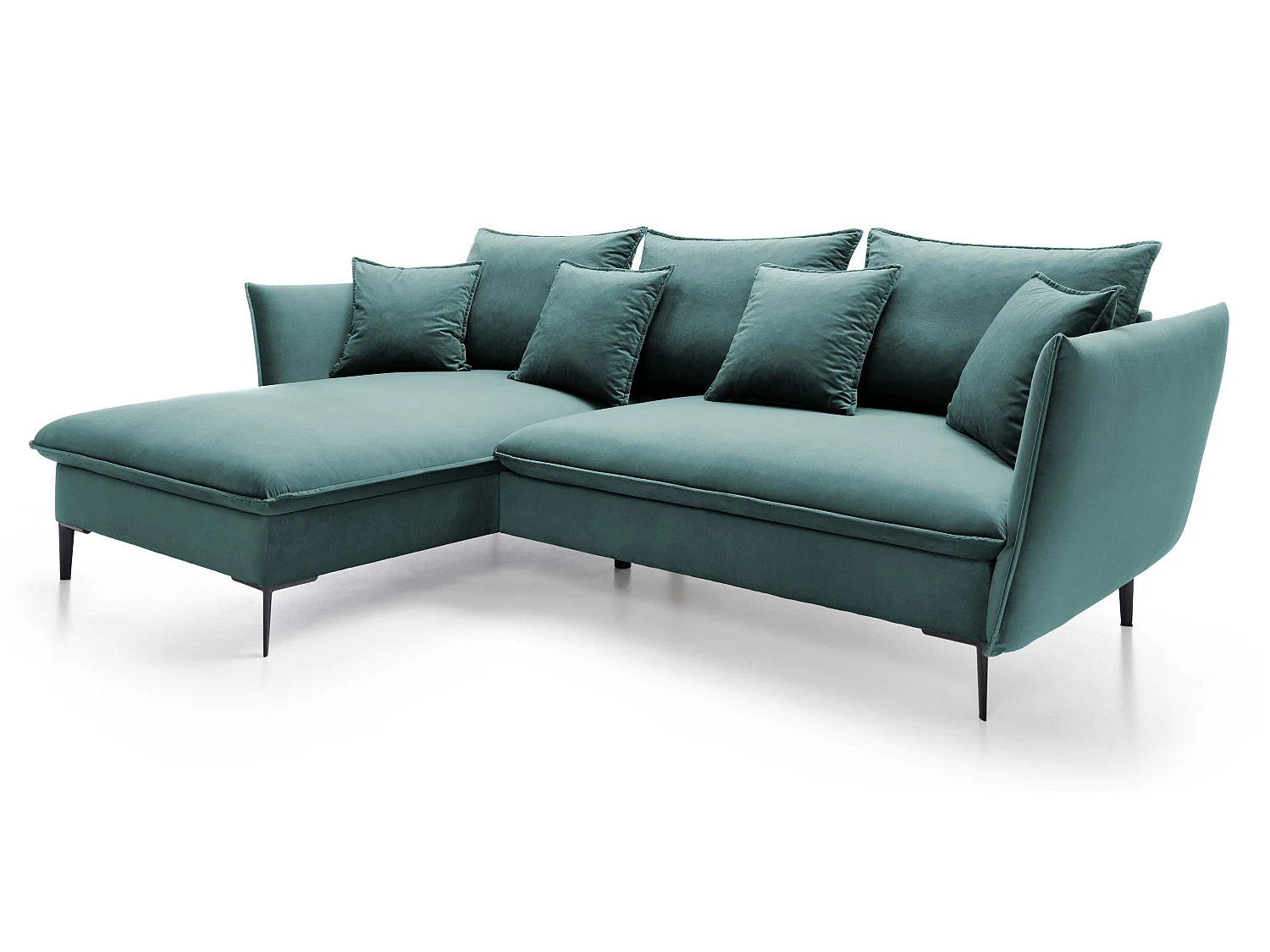 Hoekbank met slaapfunctie 260 cm Flavio, op hoge poten, fluweelzachte stof, opbergruimte, links, Turquoise