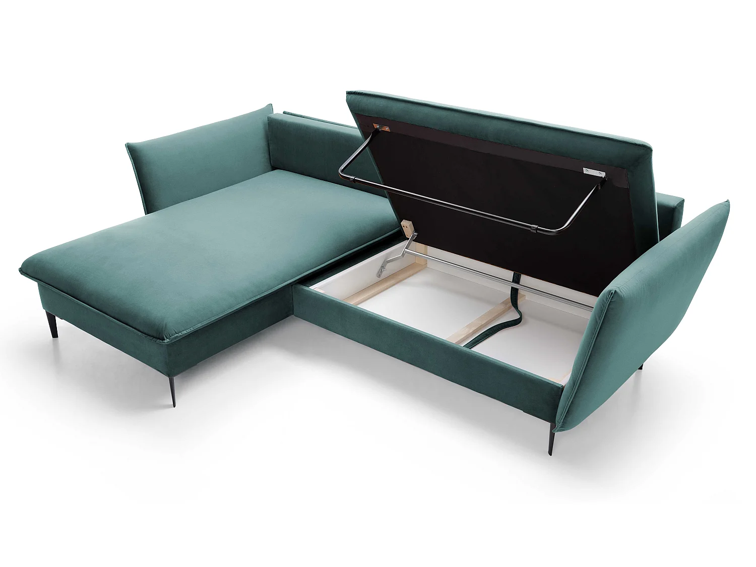 Hoekbank met slaapfunctie 260 cm Flavio, op hoge poten, fluweelzachte stof, opbergruimte, links, Turquoise