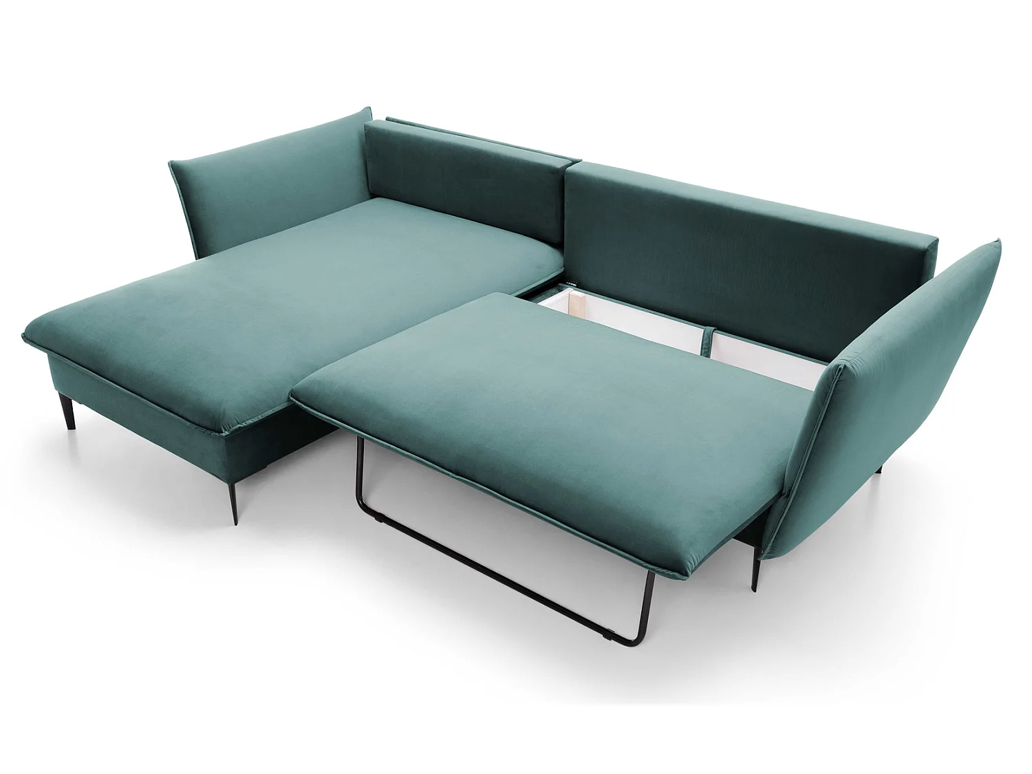 Hoekbank met slaapfunctie 260 cm Flavio, op hoge poten, fluweelzachte stof, opbergruimte, links, Turquoise
