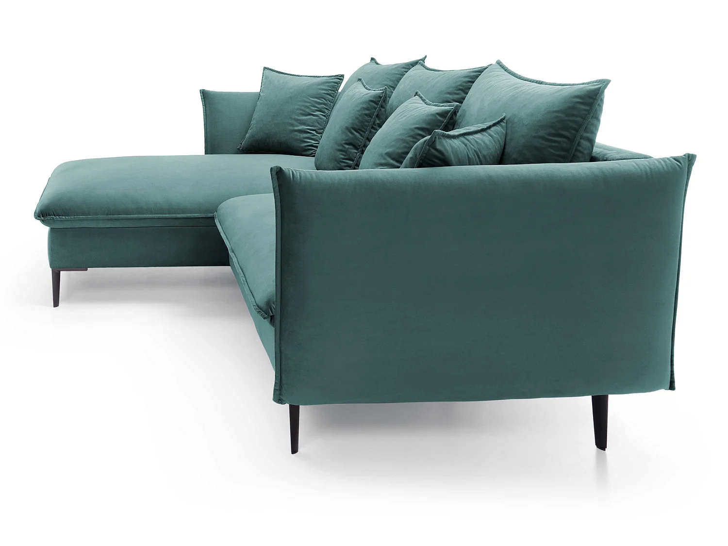 Hoekbank met slaapfunctie 260 cm Flavio, op hoge poten, fluweelzachte stof, opbergruimte, links, Turquoise