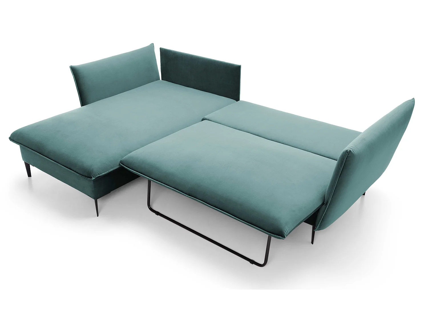 Hoekbank met slaapfunctie 260 cm Flavio, op hoge poten, fluweelzachte stof, opbergruimte, links, Turquoise