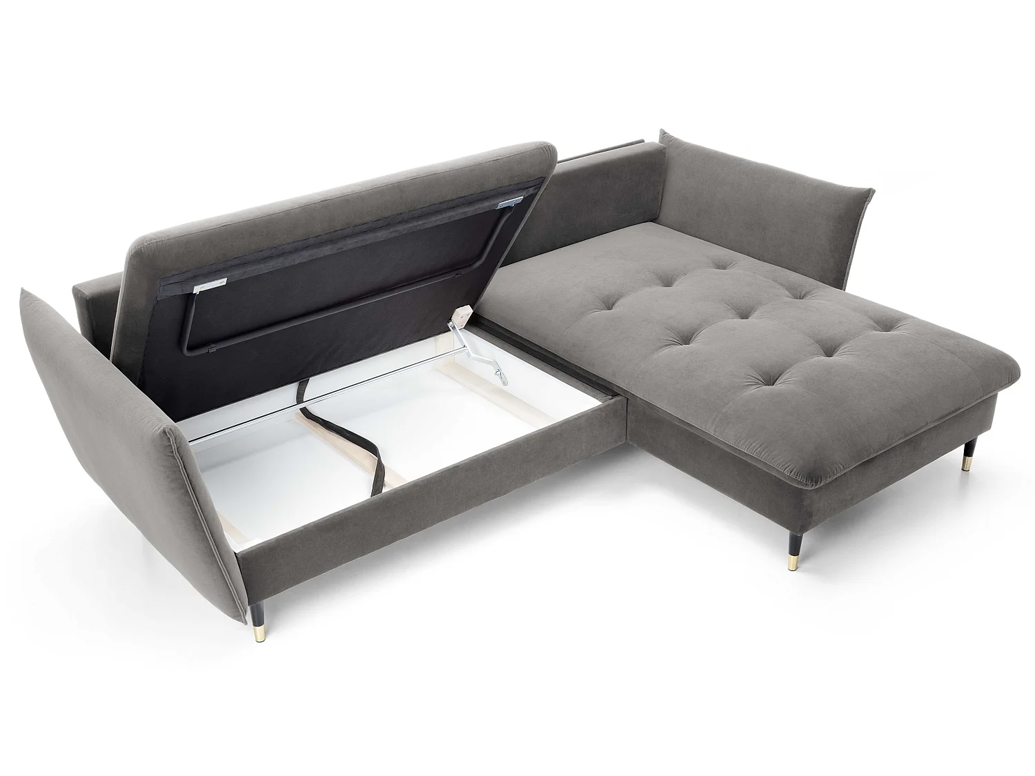 Canapé d’angle convertible 258x167 cm Sagir sur pieds hauts, angle à droite, coffre de rangement, Gris