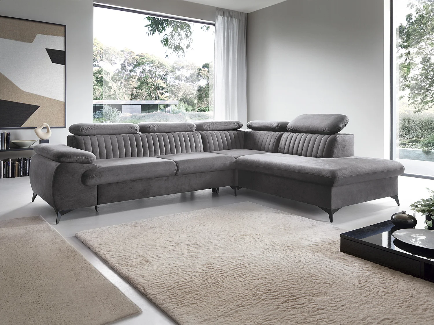Canapé d'angle convertible Xanto L, 275x221 cm, têtières réglables, coffre de rangement, droite, Gris foncé