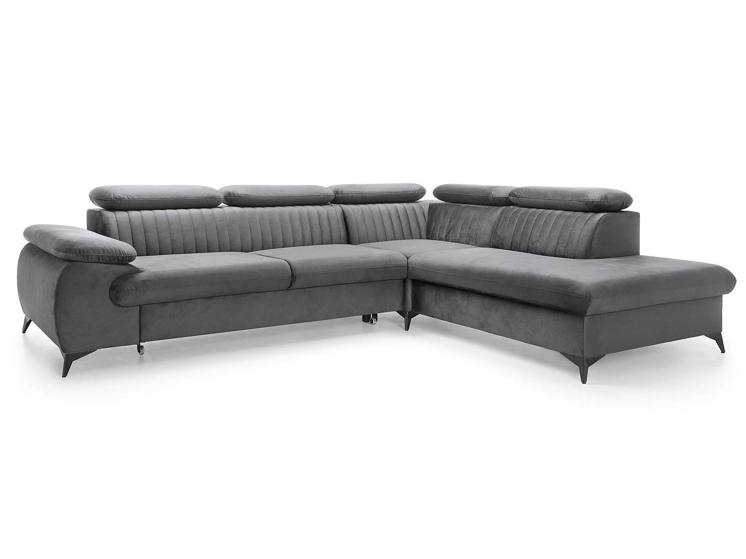 Canapé d'angle convertible Xanto L, 275x221 cm, têtières réglables, coffre de rangement, droite, Gris foncé