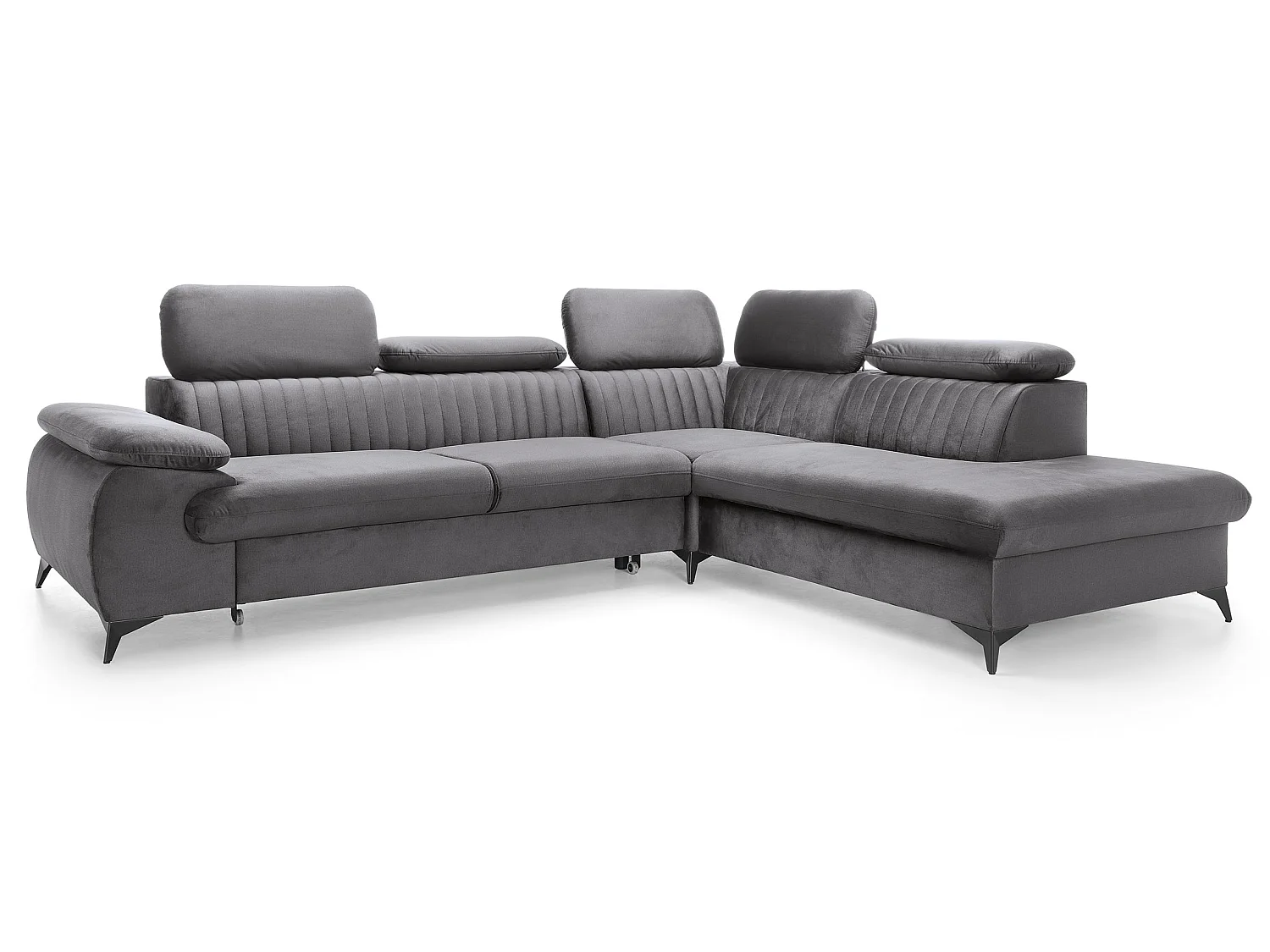 Canapé d'angle convertible Xanto L, 275x221 cm, têtières réglables, coffre de rangement, droite, Gris foncé