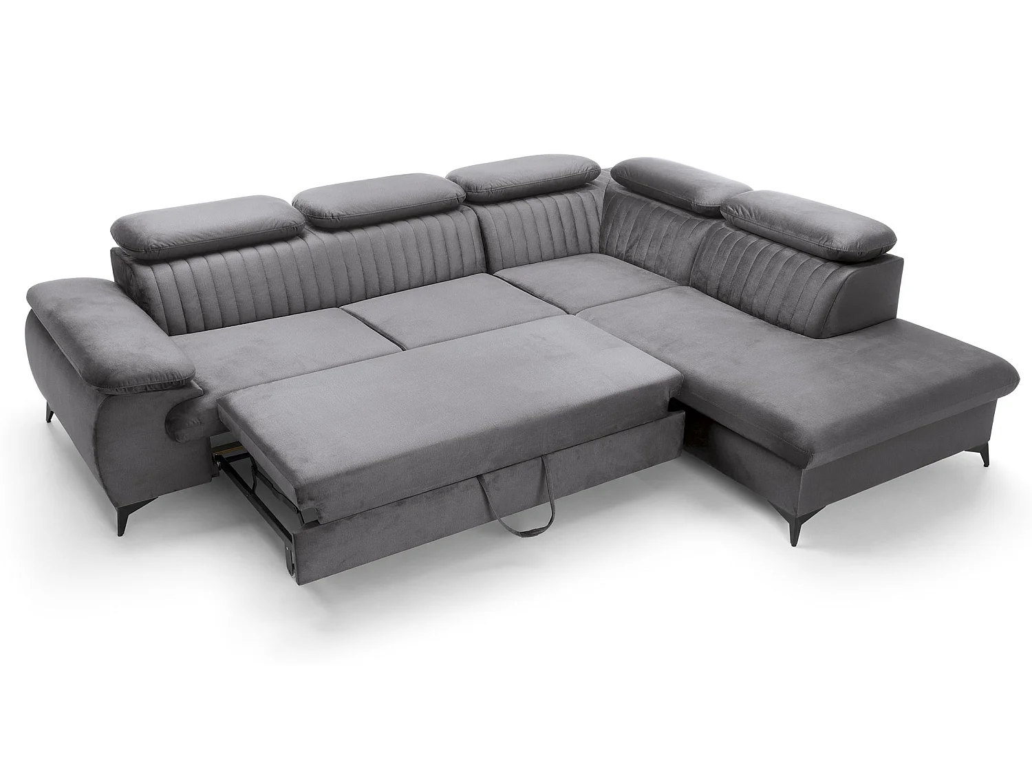 Canapé d'angle convertible Xanto L, 275x221 cm, têtières réglables, coffre de rangement, droite, Gris foncé