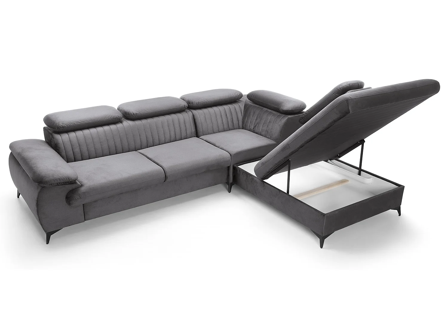 Canapé d'angle convertible Xanto L, 275x221 cm, têtières réglables, coffre de rangement, droite, Gris foncé