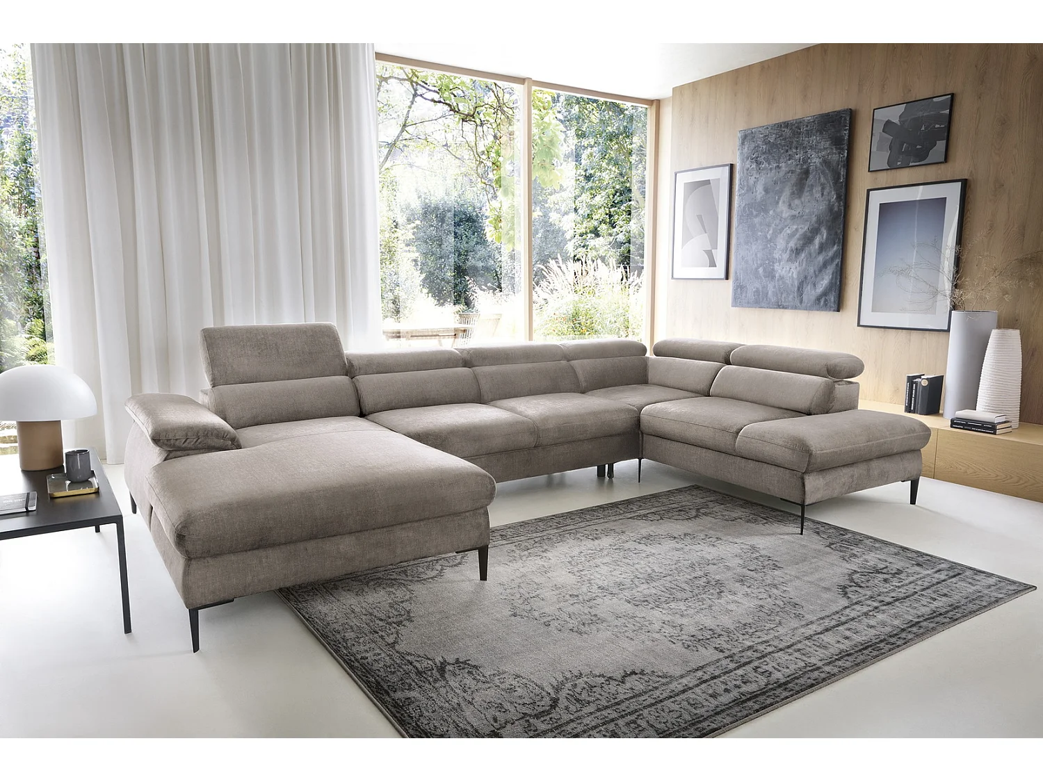 Canapé d'angle en U convertible 350 cm Amaro, tissu velours, têtières réglables - coffre, gauche, Beige foncé
