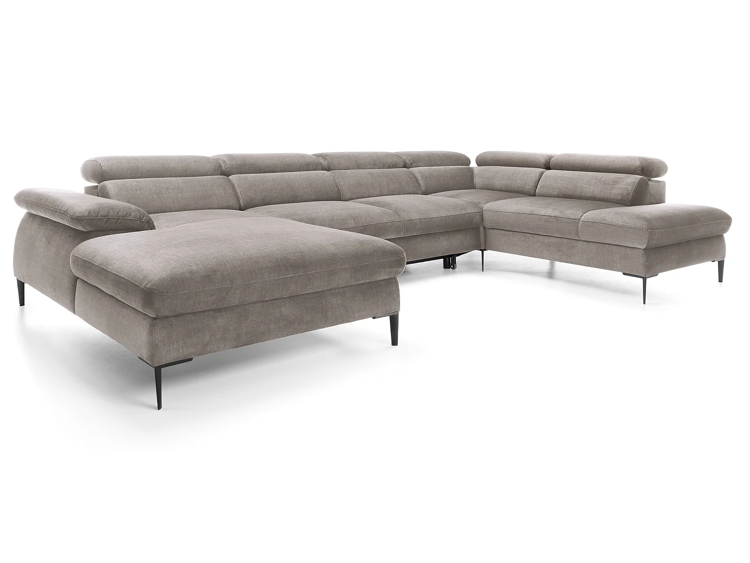 Canapé d'angle en U convertible 350 cm Amaro, tissu velours, têtières réglables - coffre, gauche, Beige foncé