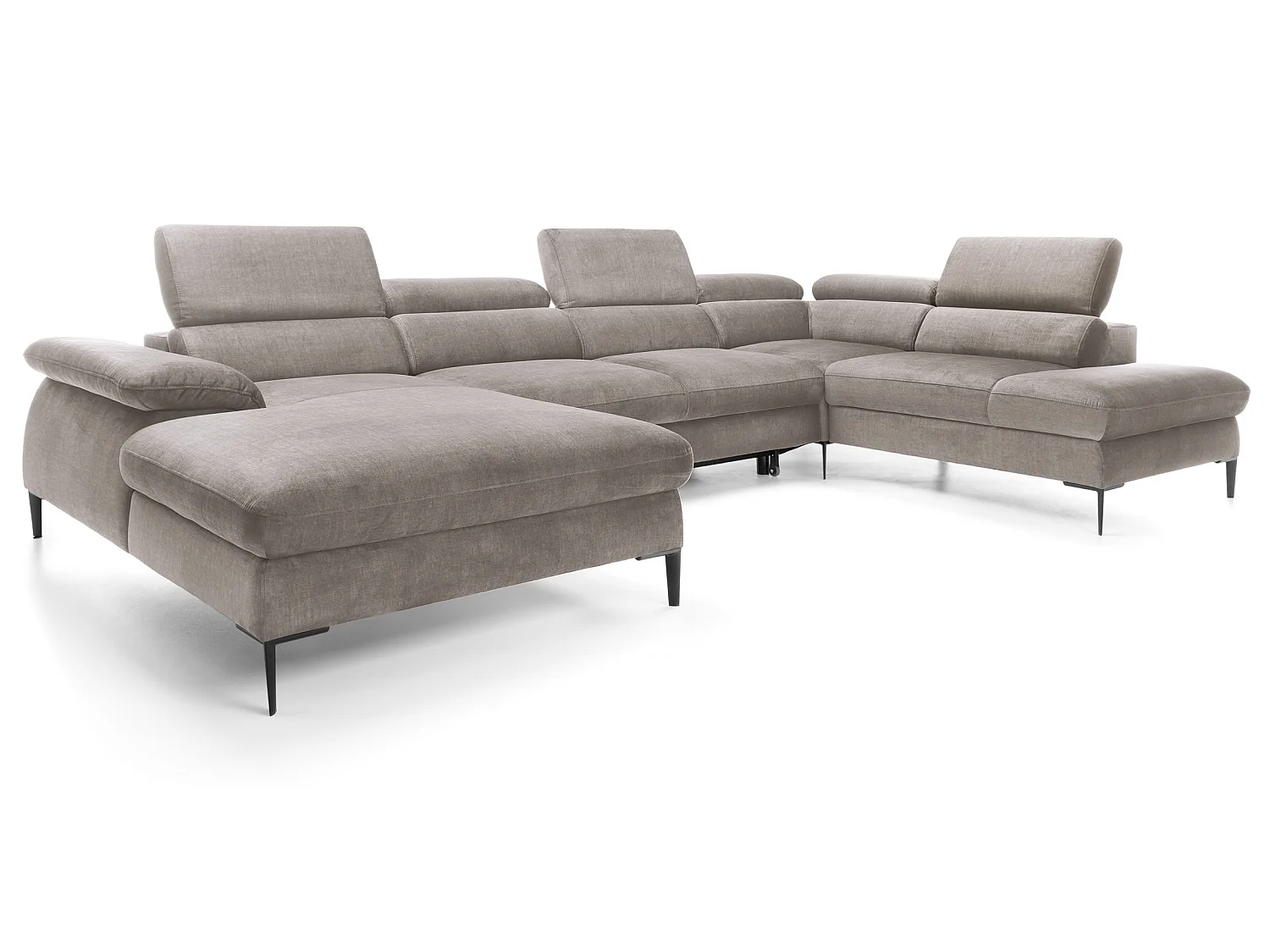 Canapé d'angle en U convertible 350 cm Amaro, tissu velours, têtières réglables - coffre, gauche, Beige foncé