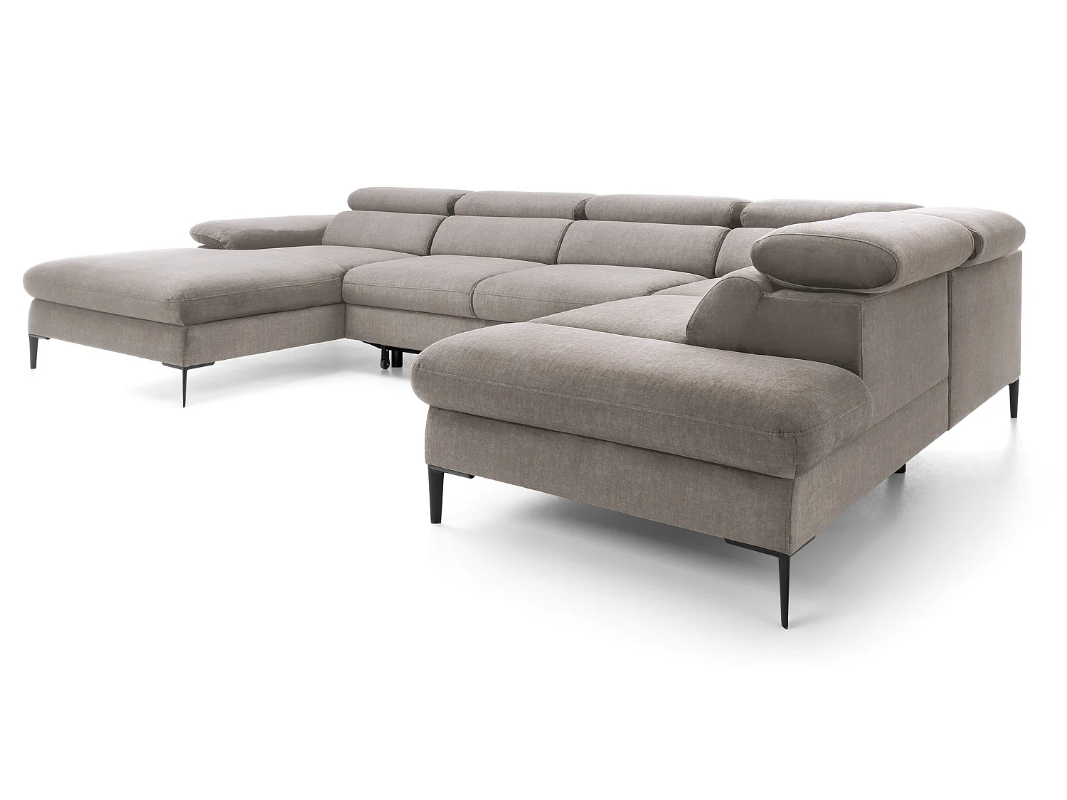 Canapé d'angle en U convertible 350 cm Amaro, tissu velours, têtières réglables - coffre, gauche, Beige foncé