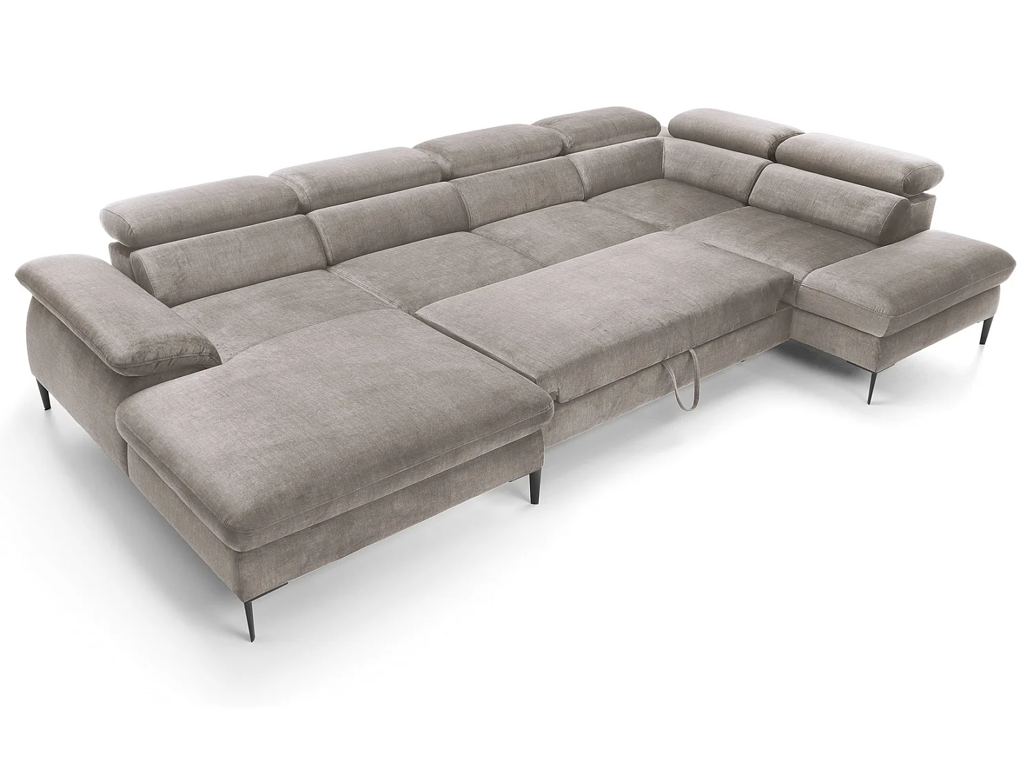 Canapé d'angle en U convertible 350 cm Amaro, tissu velours, têtières réglables - coffre, gauche, Beige foncé