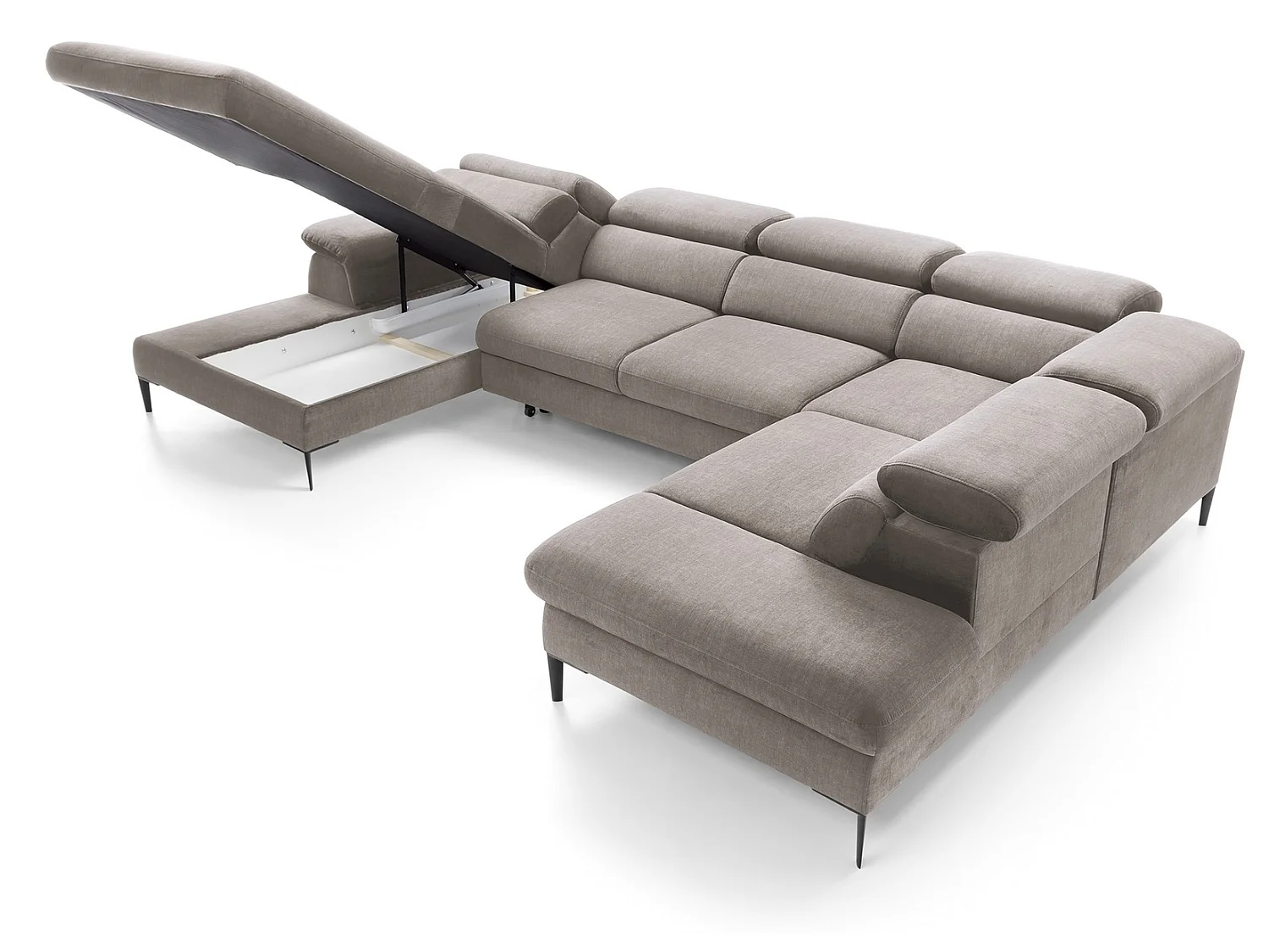 Canapé d'angle en U convertible 350 cm Amaro, tissu velours, têtières réglables - coffre, gauche, Beige foncé
